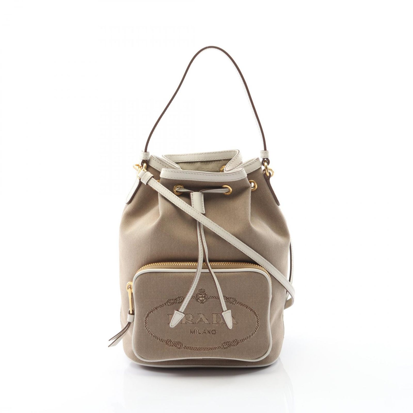 プラダ PRADA ハンドバッグ GLACE CALF ベージュ/ホワイト キャンバス レザー ロゴジャガード 巾着 2wayショルダー レディース Used A