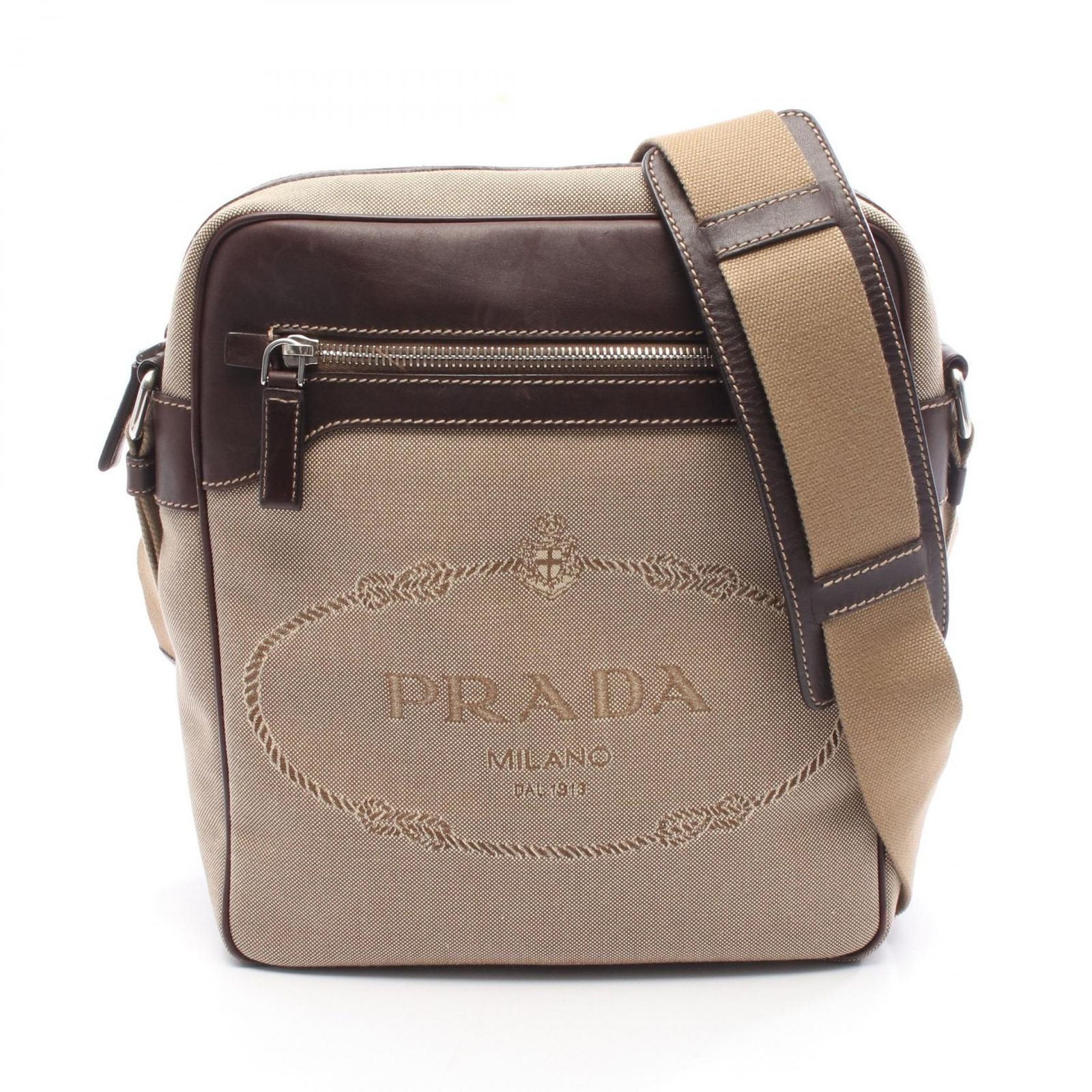 プラダ PRADA ショルダーバッグ ロゴジャガード 46022 ベージュ/ダークブラウン キャンバス レザー ロゴジャガード ショルダーバッグ レディース Used A