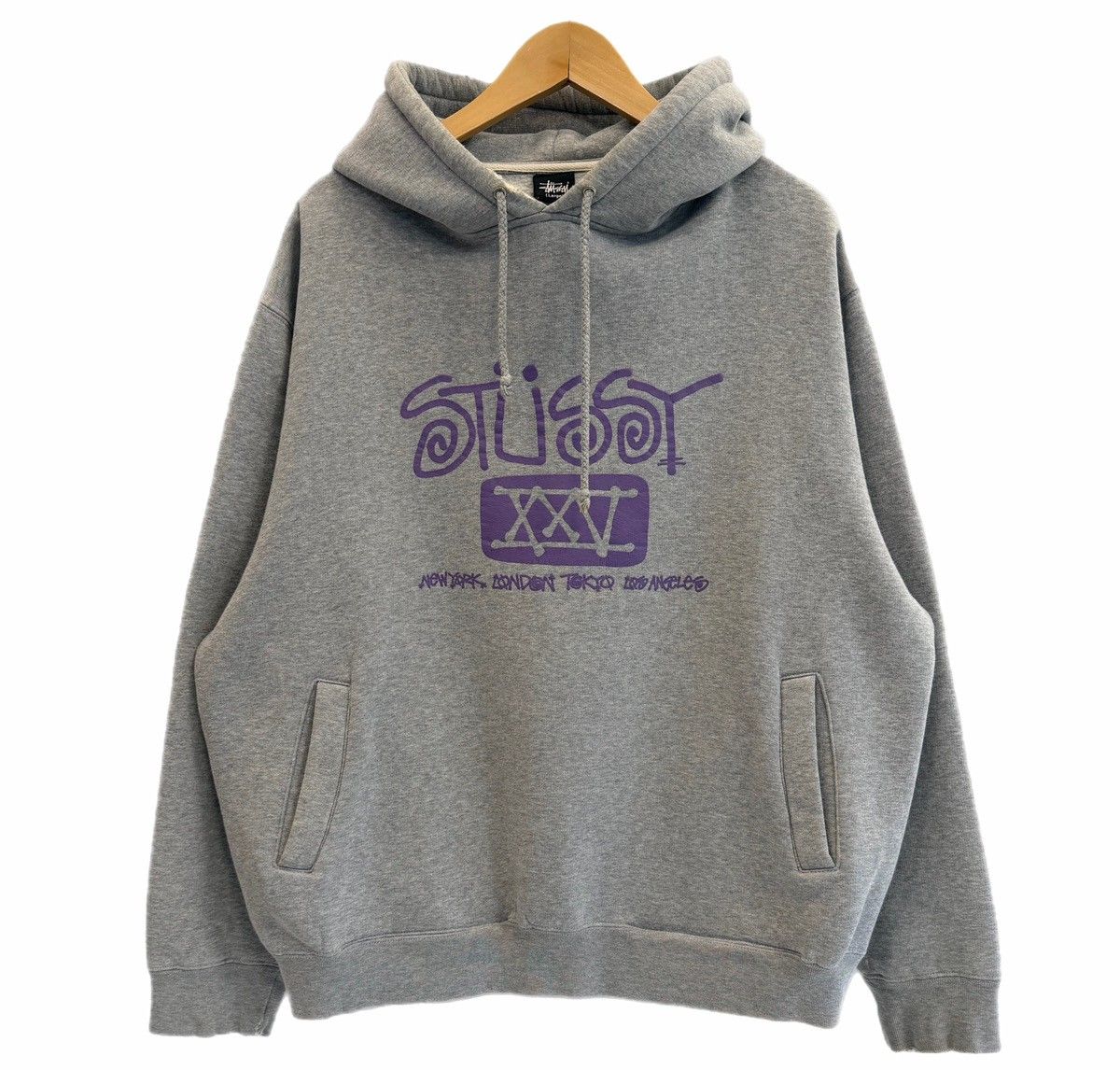 ステューシー STUSSY 90s~00s OLD STUSSY 25th 25周年記念 プリントフーディー パーカ グレー Lサイズ 101MT-6257
