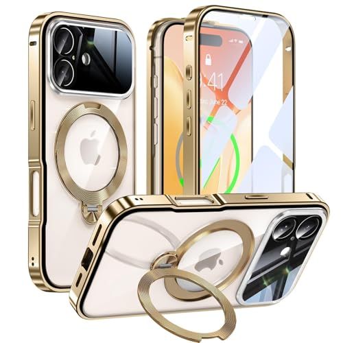 iPhone 17 用 ケース 両面保護 MagSafe対応 光沢CD紋様リング 360°定点回転スタンド 自動ポップアップロック付き カメラレンズフル保護 いphone 17 用 Gunwon スマホケース アルミ合金バンパー 9H一体型保 c481466a