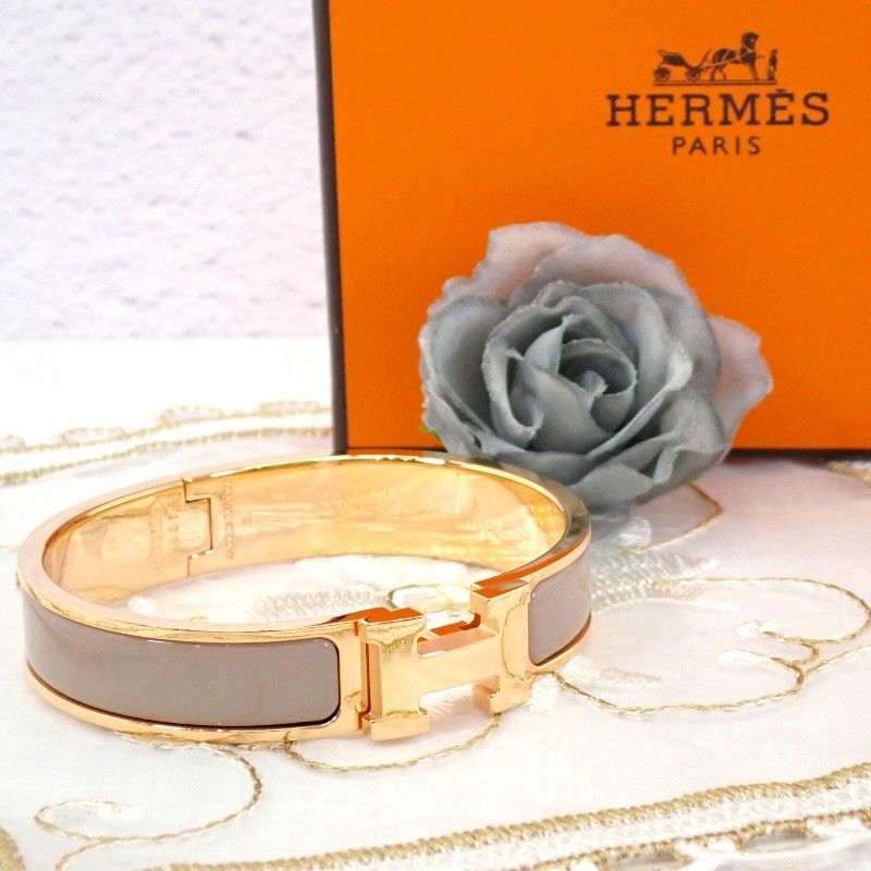 エルメス HERMES クリックHブレスレット H700001FO_19PM バングル メタル ピンクゴールド エナメル グレージュ マロングラッセ レディース 保存箱付属 定番 人気【中古】【ABランク】