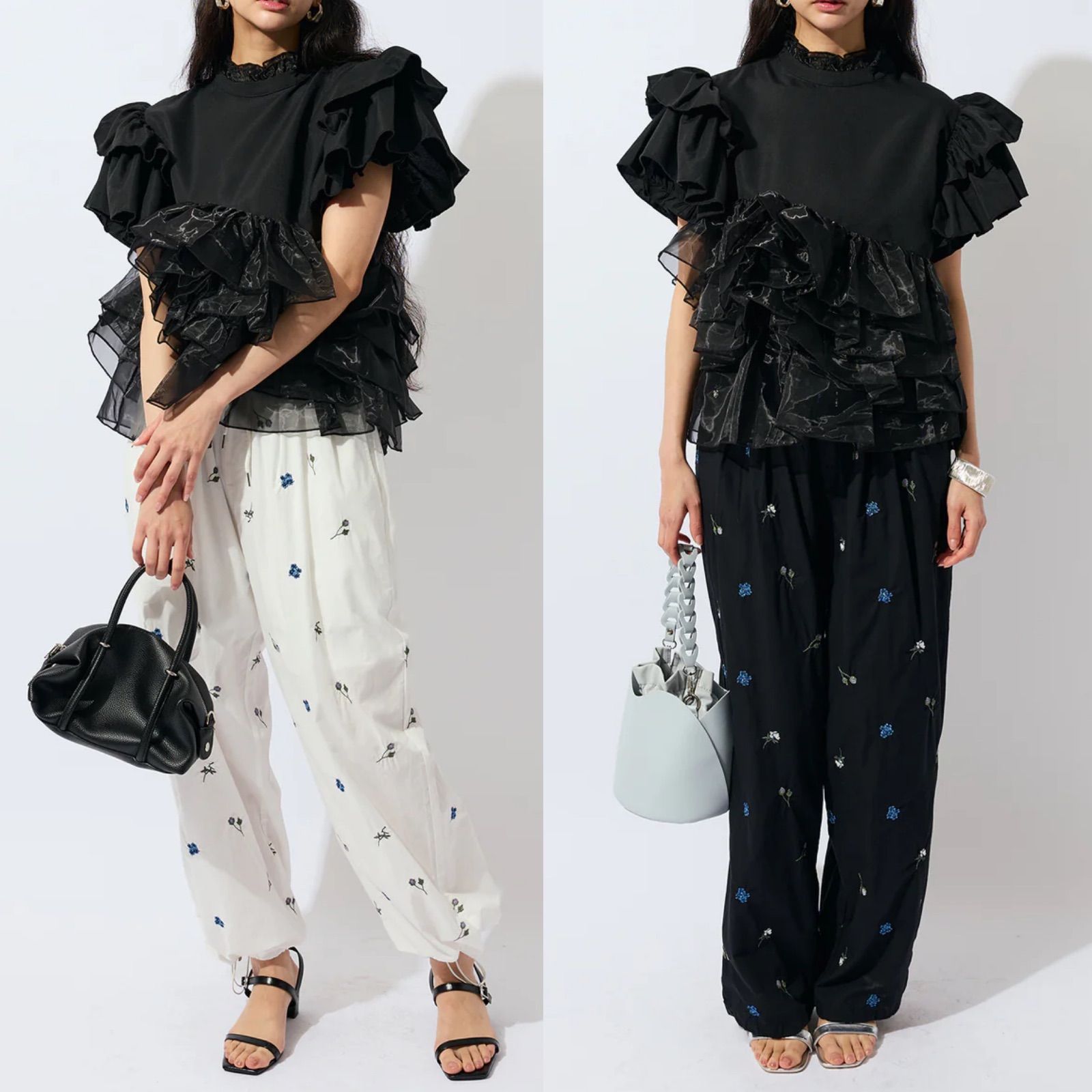 オーガンジフリルティアードトップス+フラワー刺繍ローンイージーパンツ(2set) セットアップ 2点セット Frene フラーネ同型