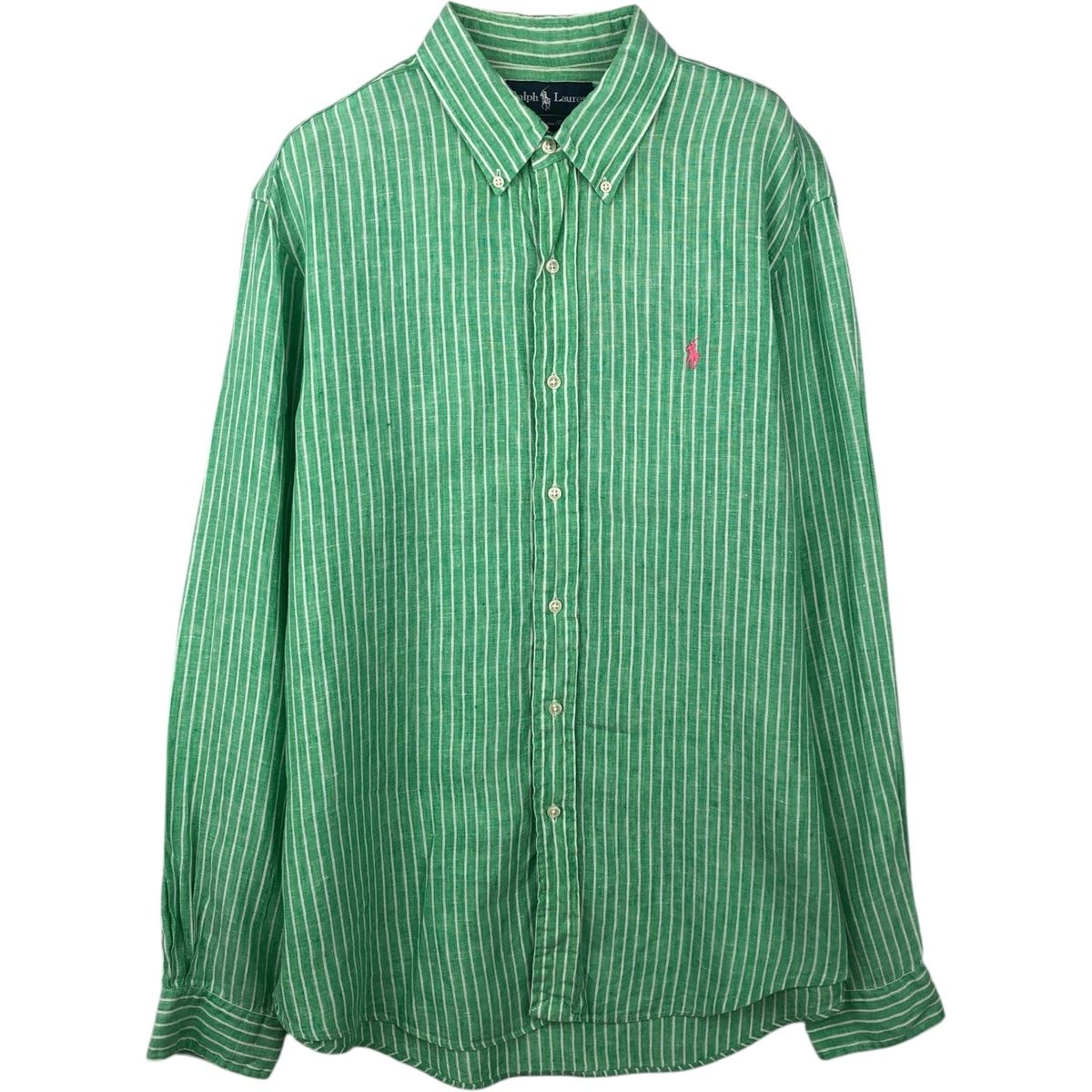 古着 ラルフローレン Ralph Lauren CUSTOM FIT ストライプ柄 長袖 リネン ボタンダウンシャツ メンズL相当/eaa637838