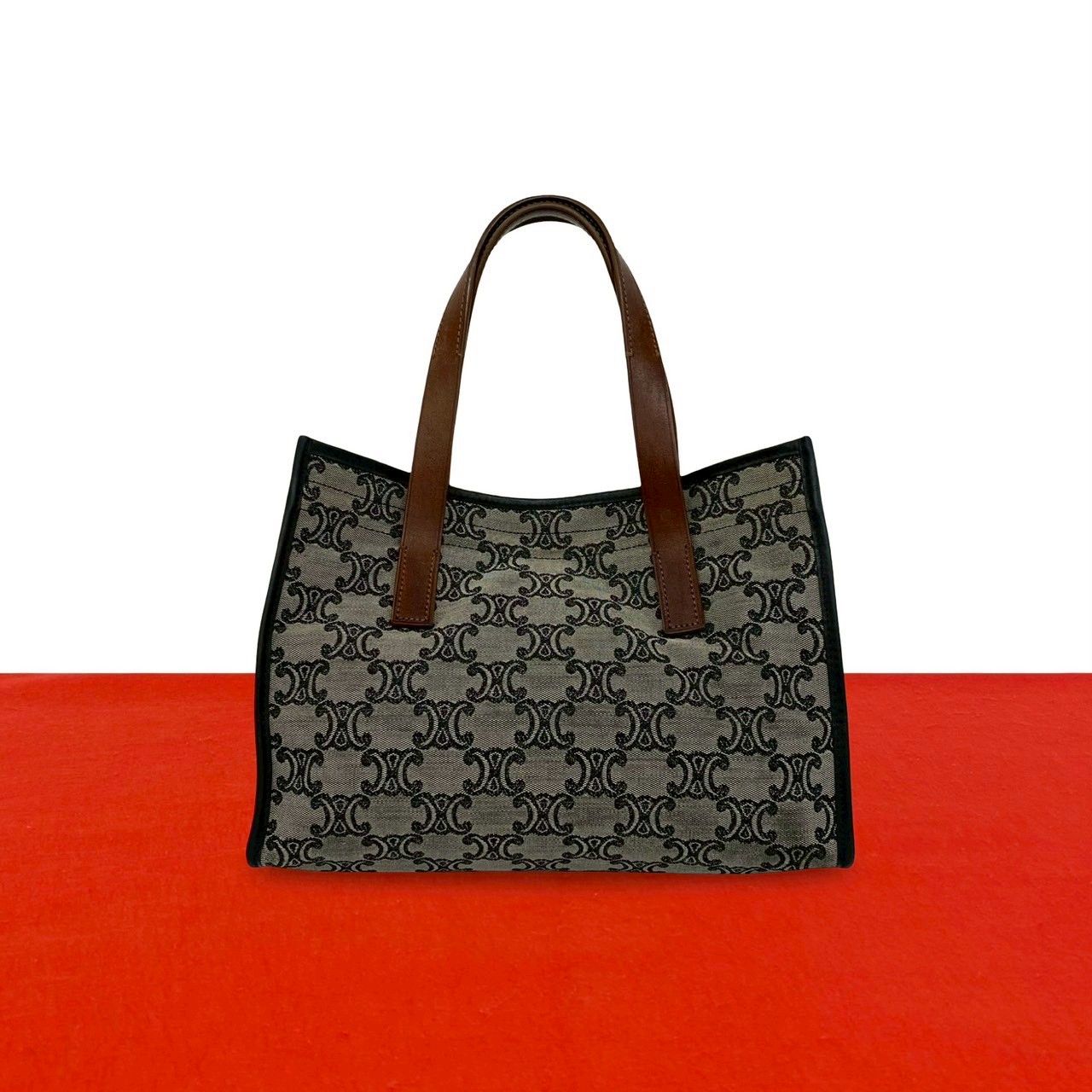 極 美品 CELINE セリーヌ パリマカダム 総柄 キャンバス レザー 本革 ハンドバッグ ミニ トートバッグ グレー ブラック ブラウン 17384