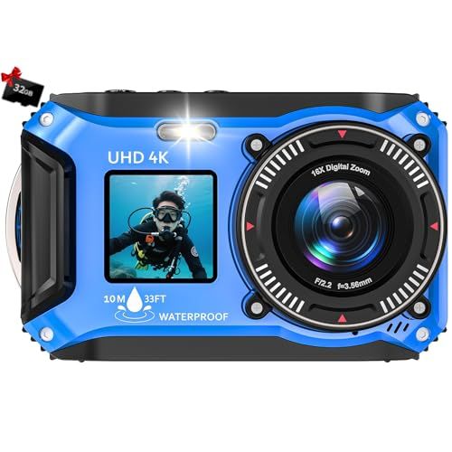 水中カメラ 4K録画 64MP 10M 防水 デジカメ デュアルスクリーン 防水カメラ 自撮り オートフォーカス 16倍デジタルズーム ウェブカメラ 操作簡単 防塵 コンパクト 浮力ボディ設計 32GB付き 1500mAh大容量バッテリー ダ 42349360