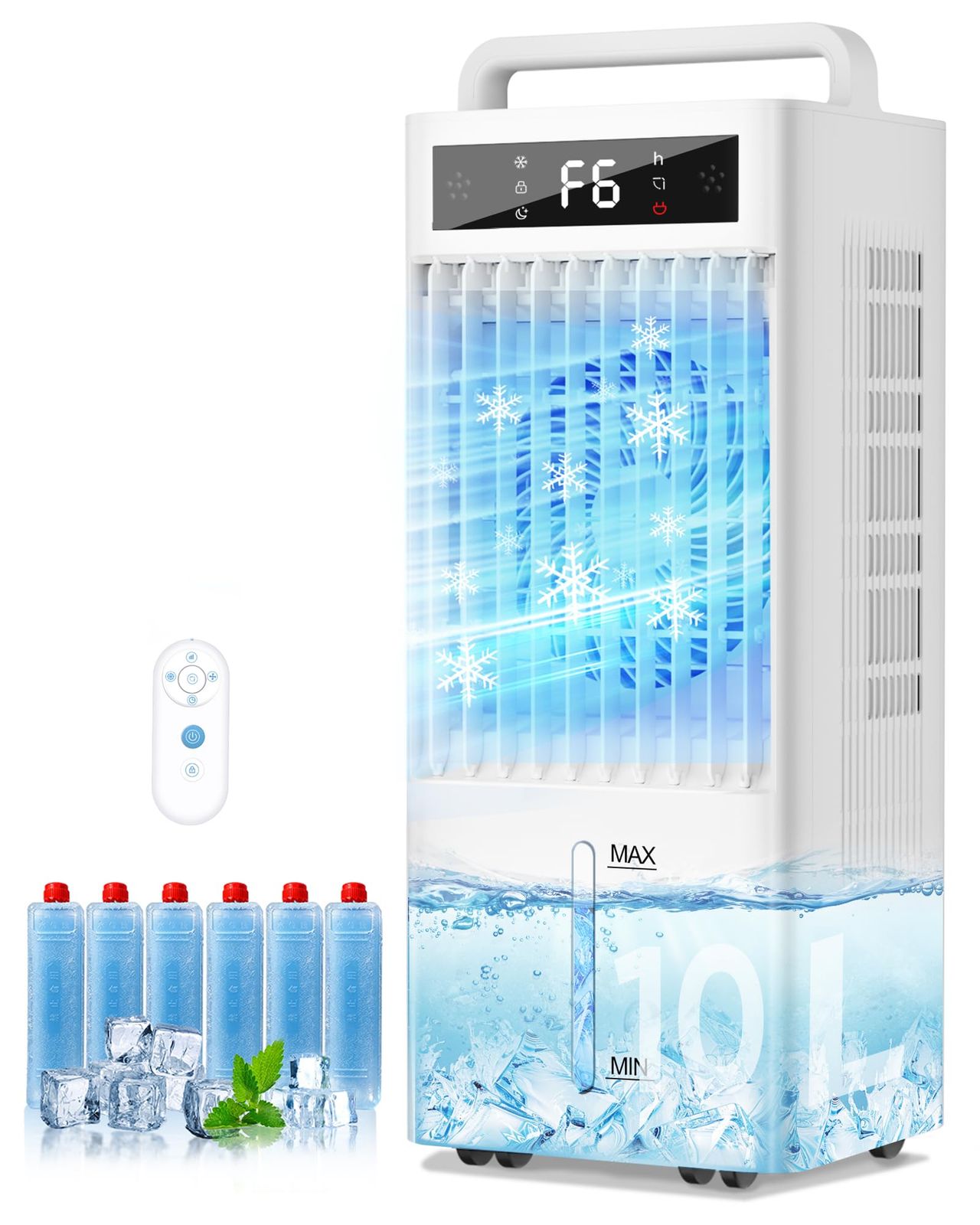 冷風機 強力 10L水タンク+6個専用保冷パック 【2026業界NEWモデル冷風扇・三面吸風】 大容量 LEDタッチ操作 高効率 45W 省エネ設計 スポットクーラー 6階段調整可能 ハンド付き 隠しキャスター付き リモコン 遠隔操作 置き型 412799f6
