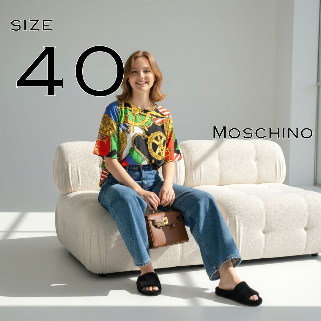 【新品タグ付】LOVE MOSCHINOラブ モスキーノ2016AW スカーフ総柄 マリン柄 コットンTシャツ カットソー 40(M) マルチカラー 【古着】【中古】【送料無料】