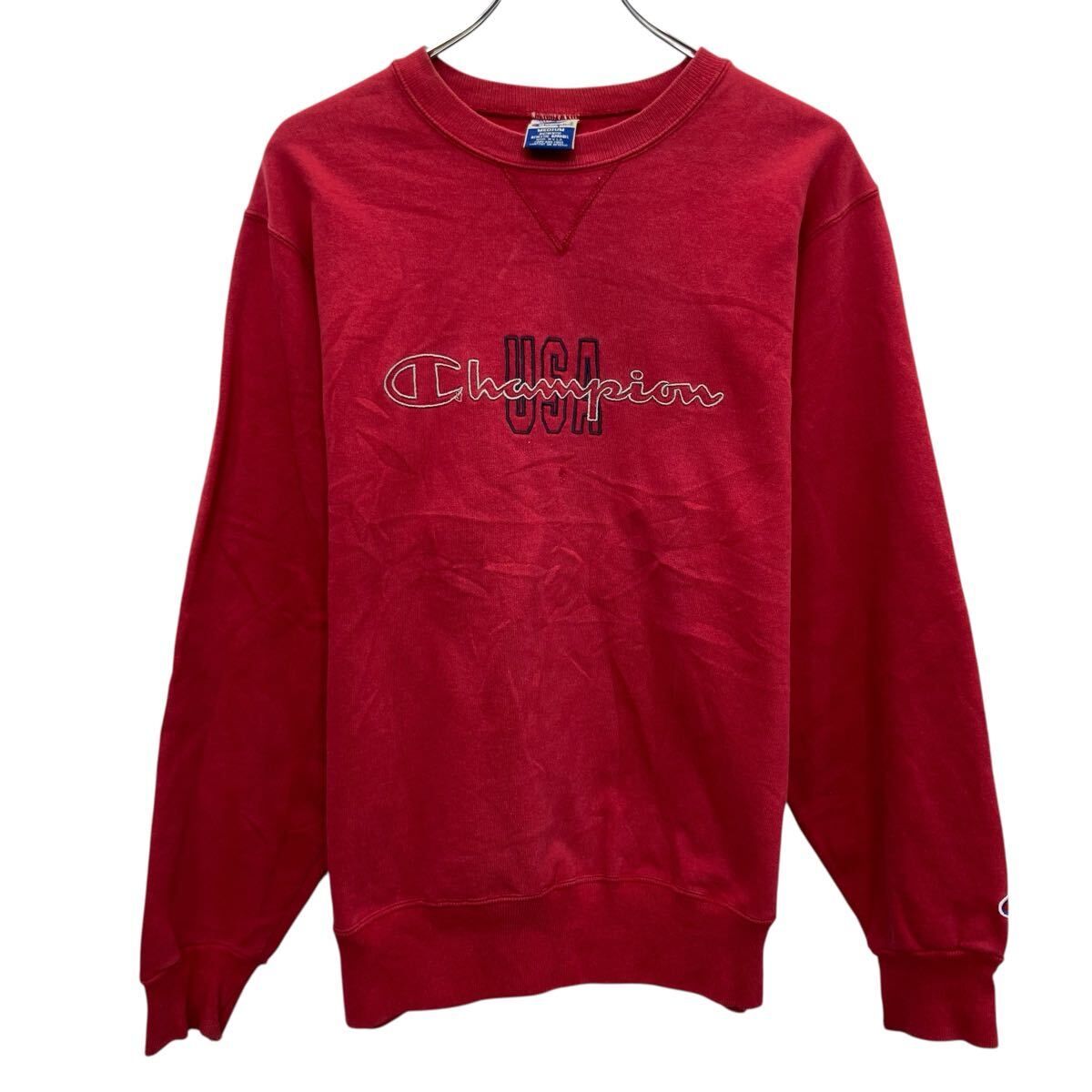 90s USA製 Champion ロゴスウェット トレーナー MEDIUM レッド チャンピオン プルオーバー 前Vガゼット 90年代 ロゴ刺繍 秋物 a805-5452