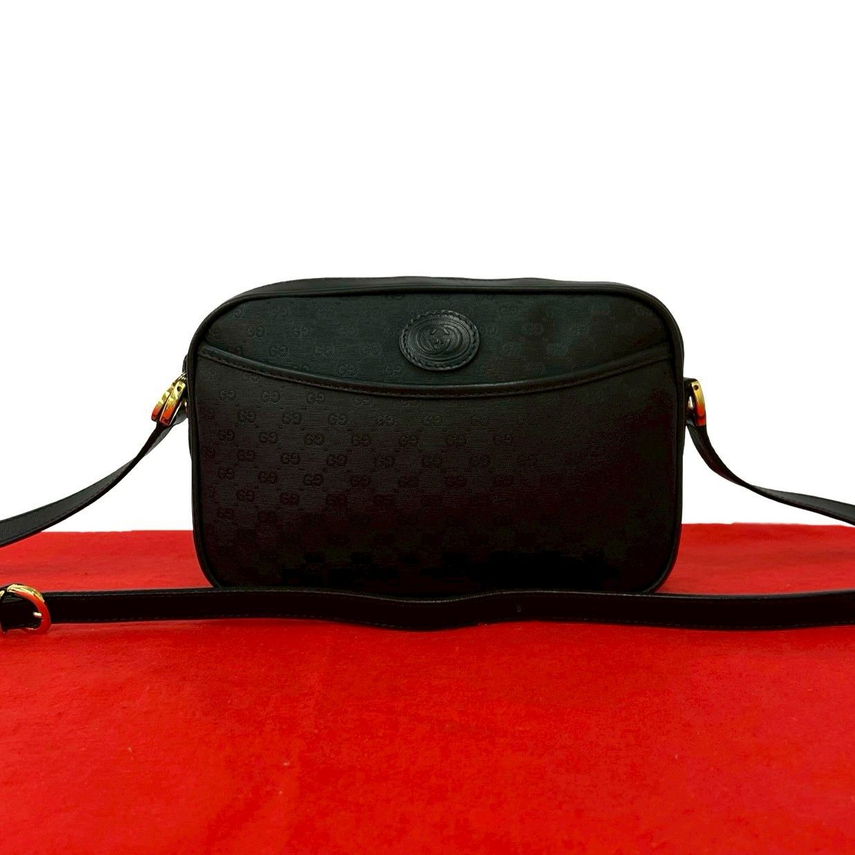 極 美品 GUCCI グッチ オールドグッチ ヴィンテージ マイクロGG ロゴ レザー ミニ ショルダーバッグ ポシェット サコッシュ ブラック 53028
