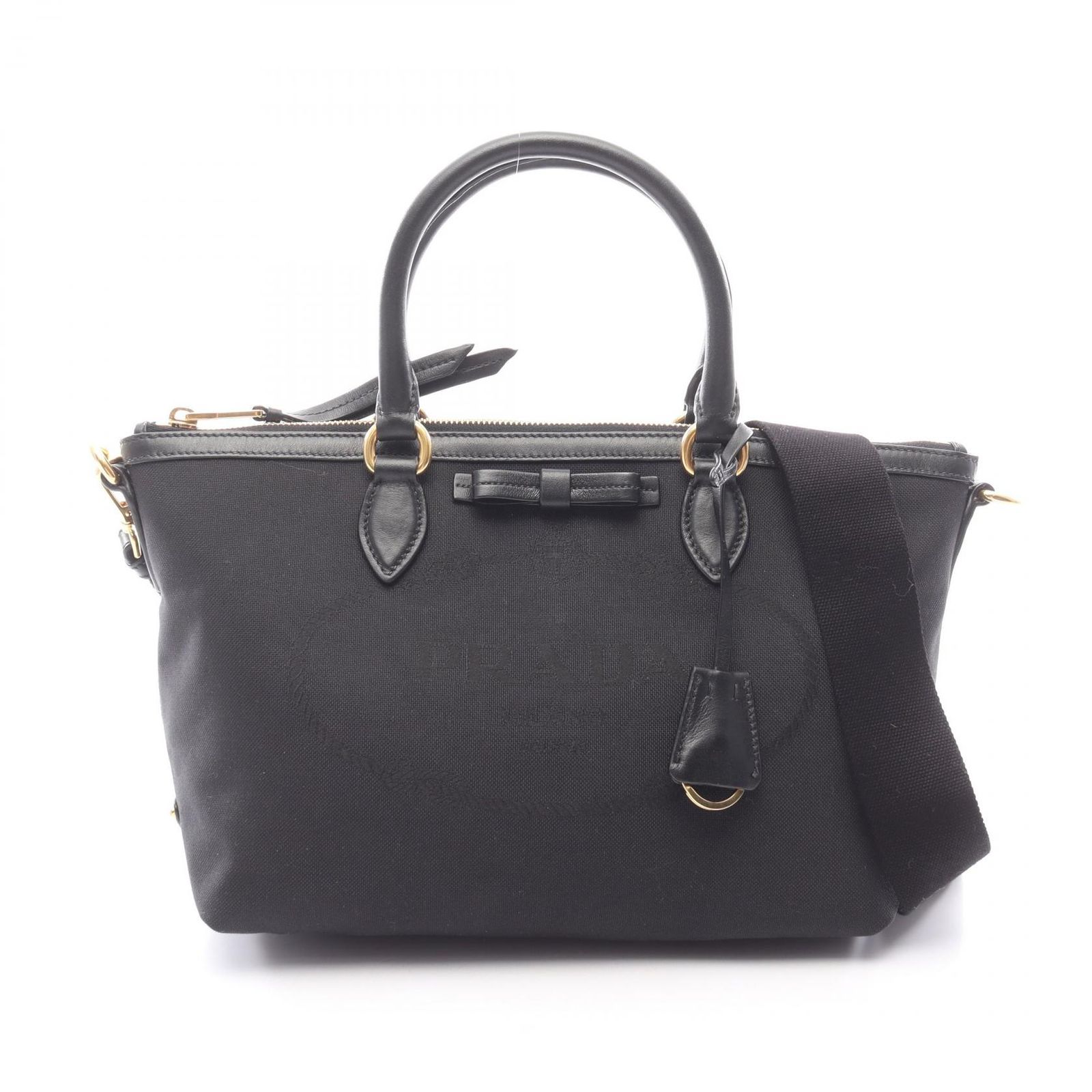 プラダ PRADA ハンドバッグ LOGO JACQUARD ロゴジャガード 2WAY 1BA104 ブラック キャンバス レザー ロゴジャガード 2wayハンド レディース Used A