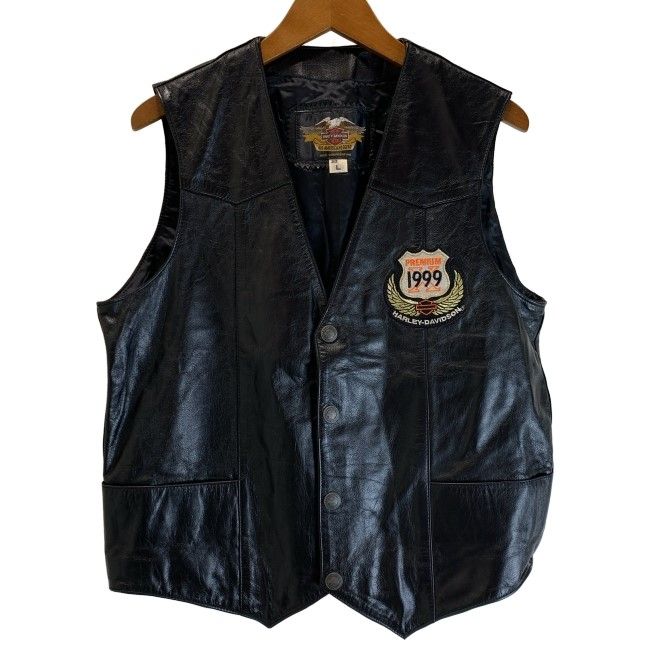 中古】 HARLEY-DAVIDSON レザーベスト レイヤード Vネック フルボタン