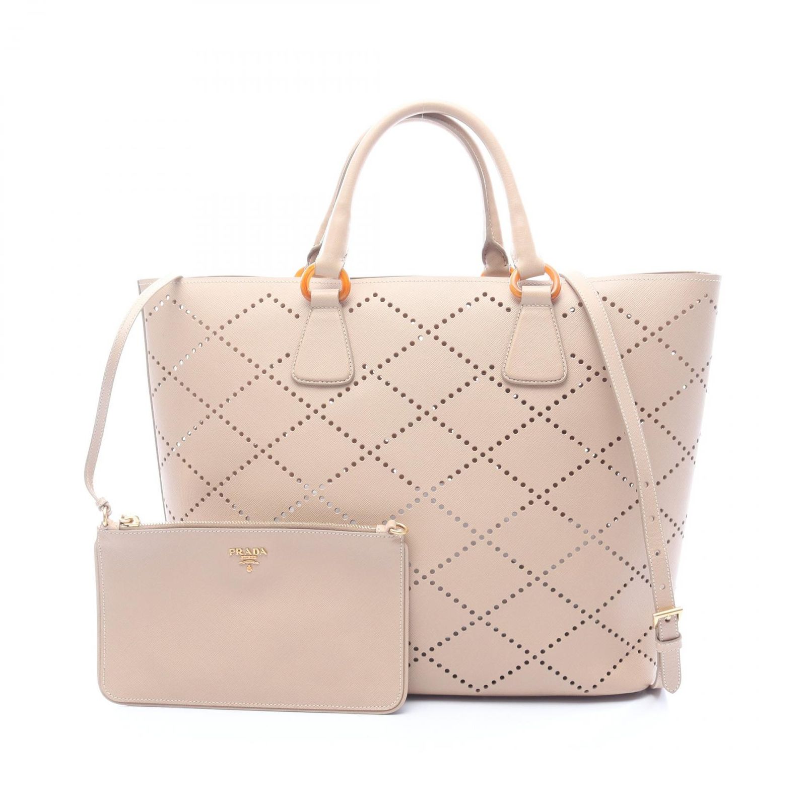 プラダ PRADA トートバッグ パンチング 2WAY ベージュ レザー パンチング 2wayハンド レディース Used B