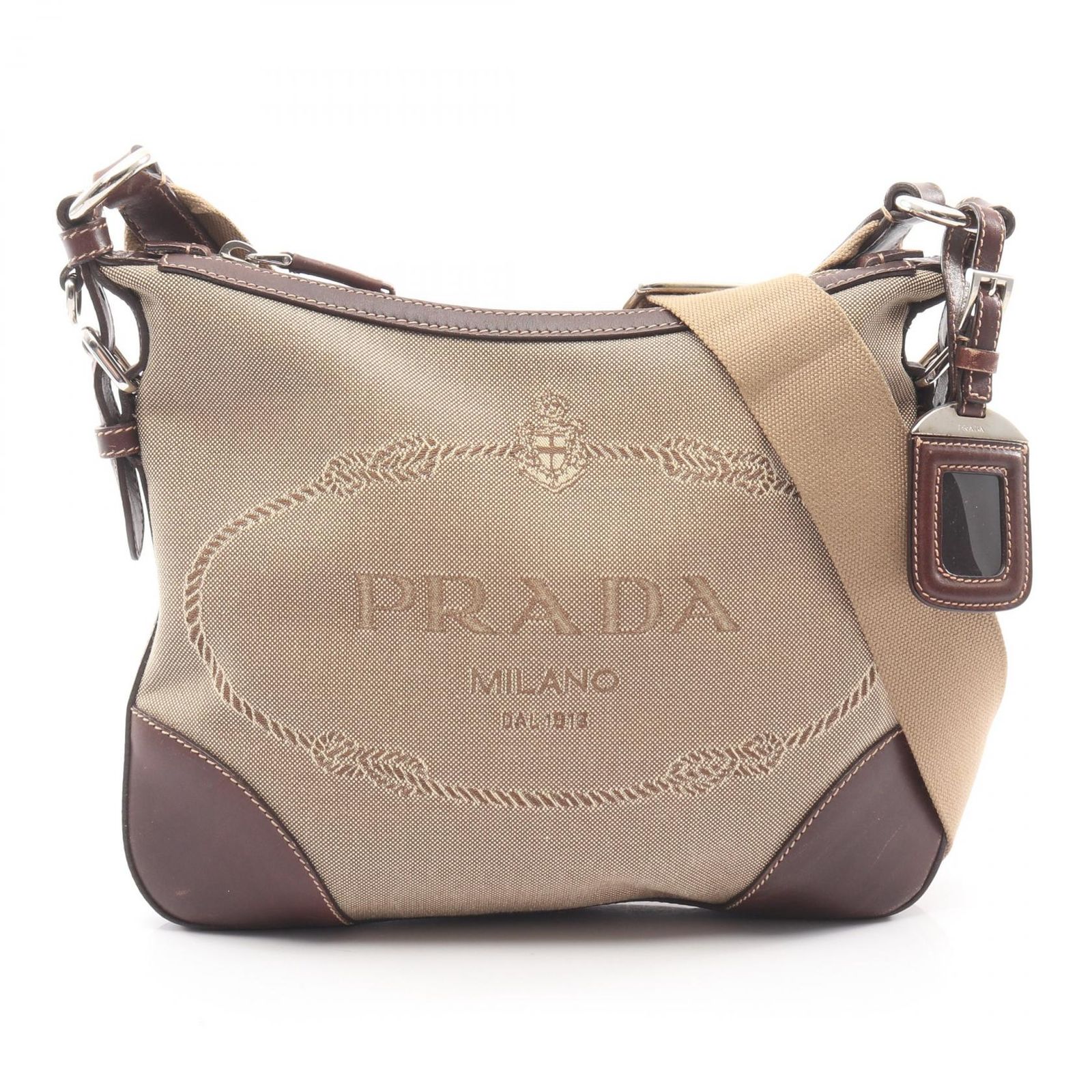 プラダ PRADA ショルダーバッグ LOGO JACQUARD ロゴジャガード ベージュ キャンバス レザー ロゴジャガード ショルダーバッグ レディース Used B