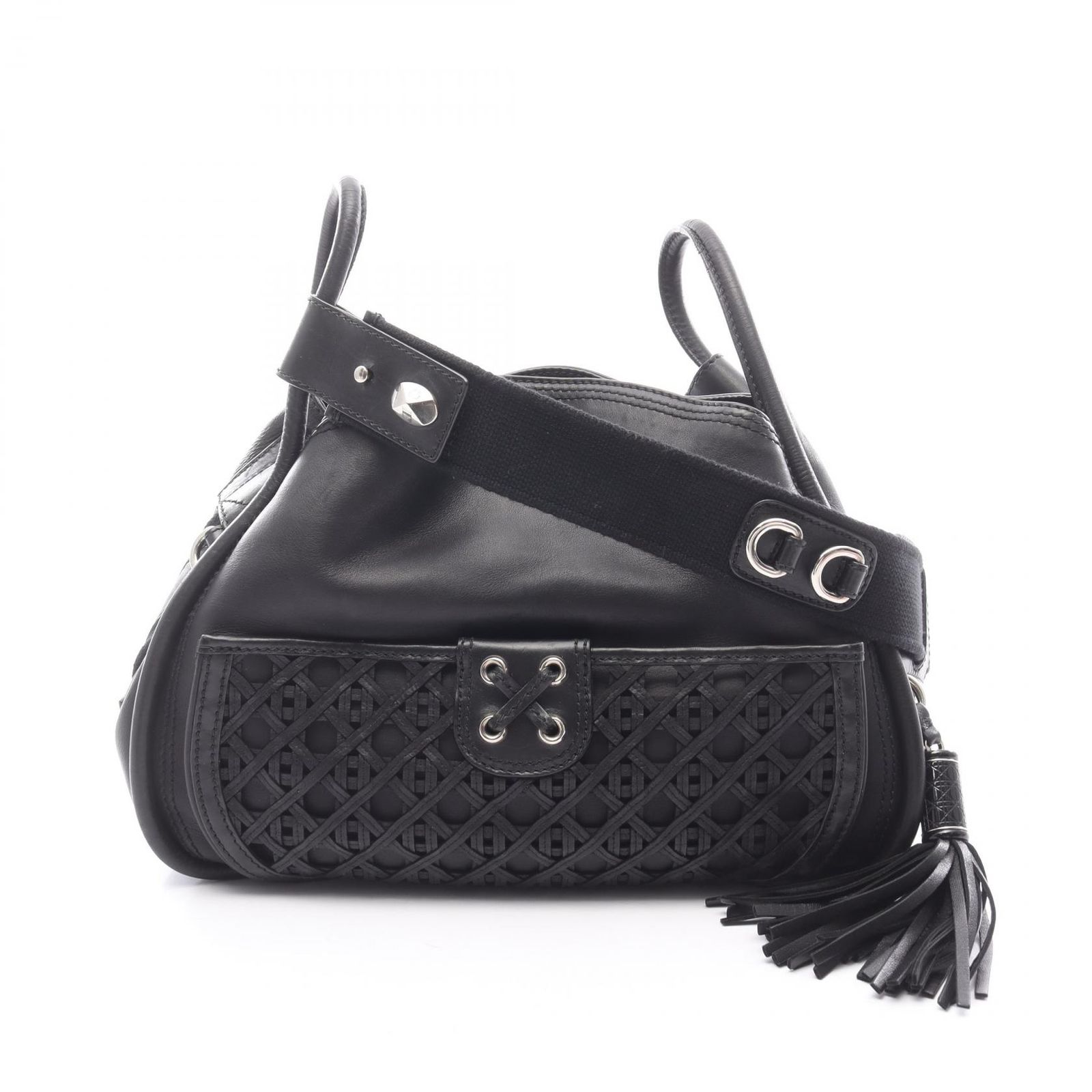 ディオール Dior ショルダーバッグ カナージュレースポケット付き ブラック レザー 2wayショルダー レディース Used A