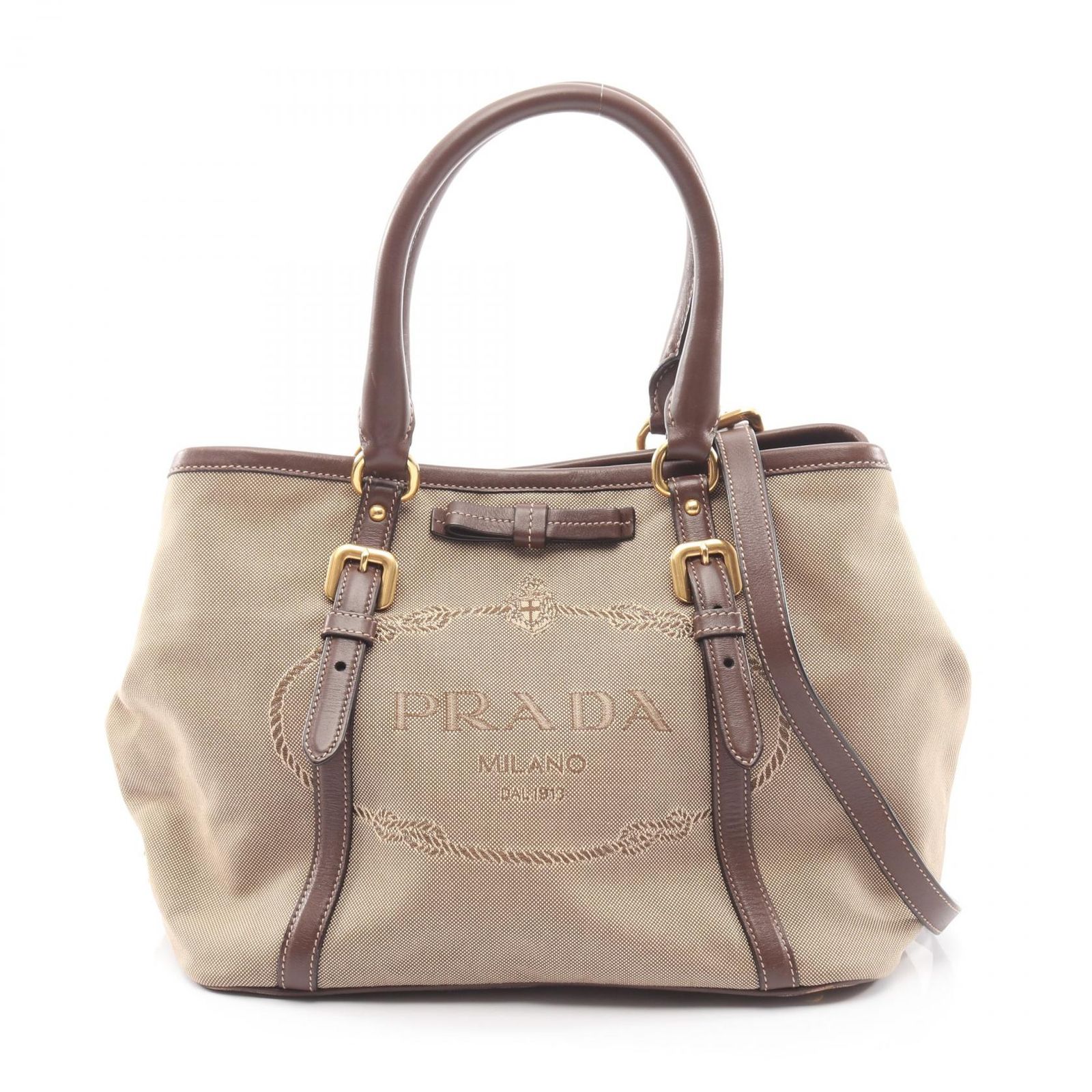プラダ PRADA トートバッグ LOGO JACQUARD ロゴジャガード 2WAY ベージュ/ブラウン キャンバス レザー ロゴジャガード 2wayトート レディース Used A
