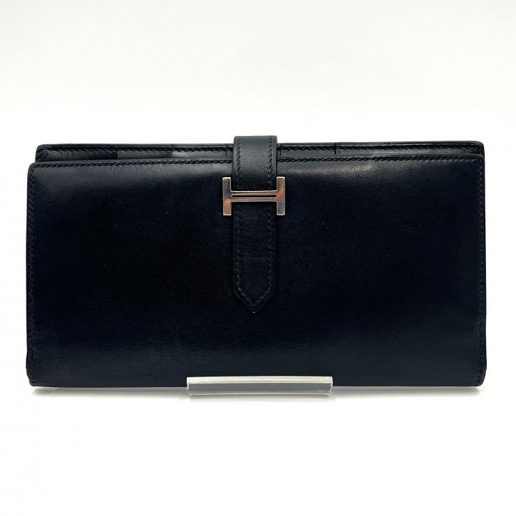 HERMES（エルメス）ベアン ヴィンテージ 長財布 二つ折りウォレット ボックスカーフ ブラック シルバー金具 □K刻印【中古】