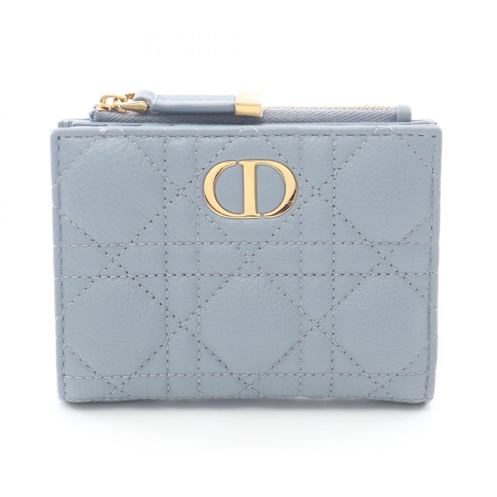 ディオール Dior 二つ折り財布 Caro Dahila カナージュ スカイブルー レザー カロ 二つ折財布 レディース Used A