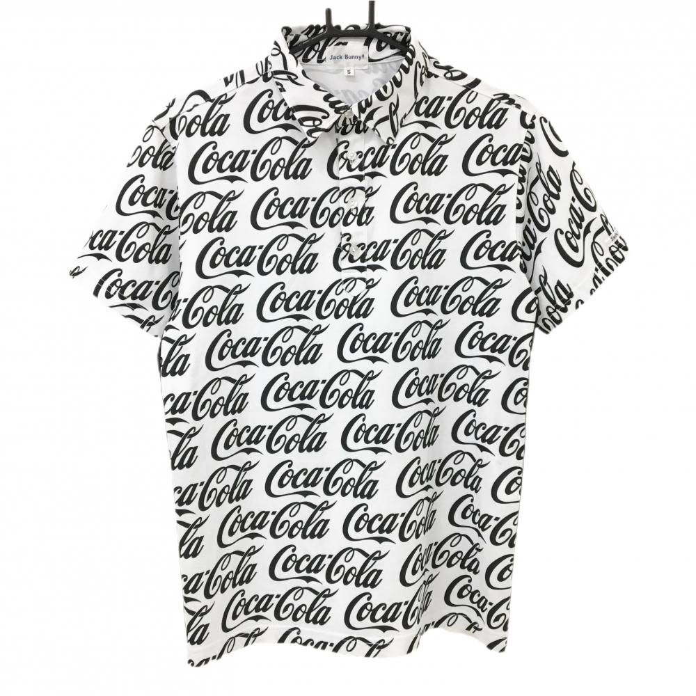 【超美品】ジャックバニー×コカ・コーラ 半袖ポロシャツ 白×黒 ロゴ総柄 サイドロゴ メンズ L ゴルフウェア Jack Bunny