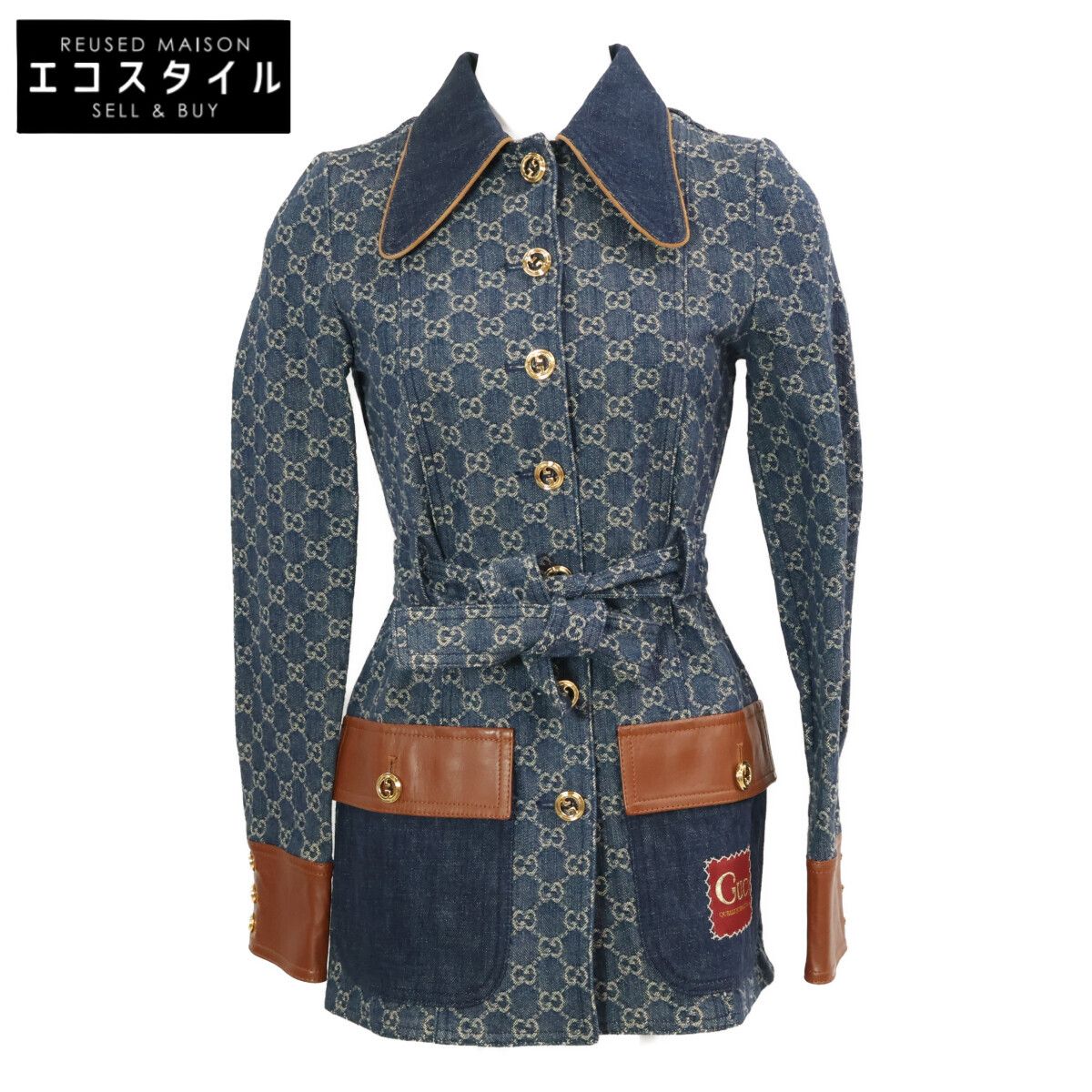 GUCCI　グッチ　新品同様 国内正規 652658 GGデニム レザー切替 スクエアパッチ ベルテッド　34