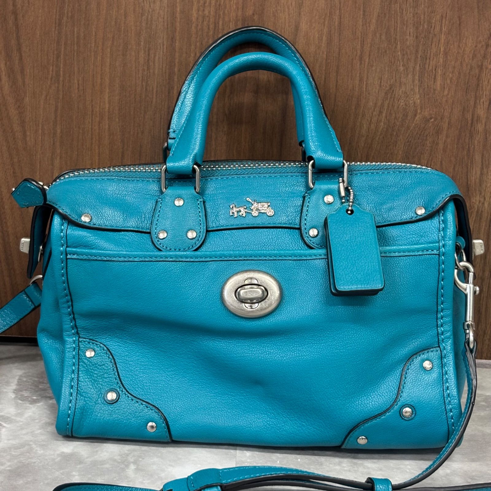 (o) COACH コーチ 2WAY ハンドバッグ ショルダーバッグ ターコイズブルー レザー/1007
