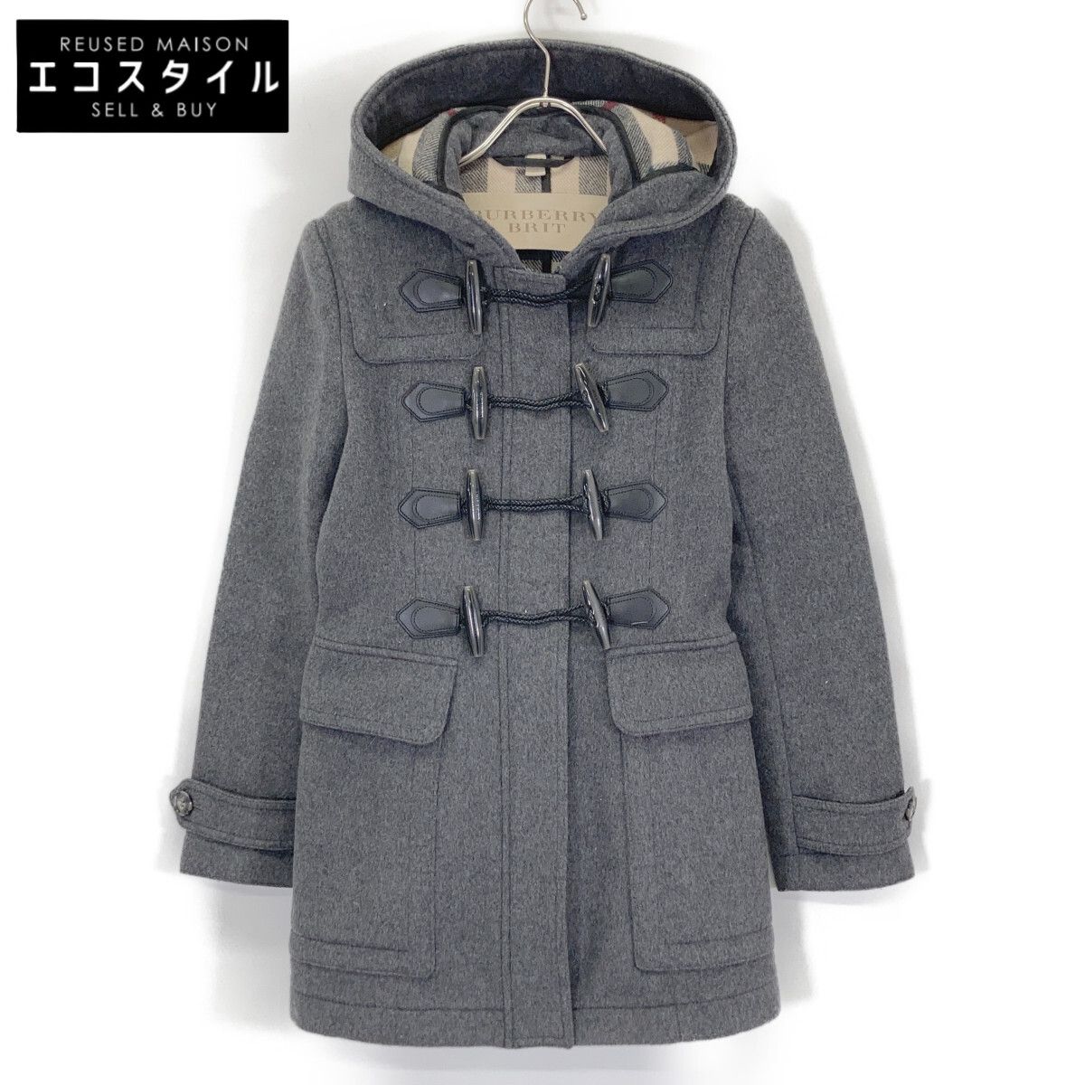 BURBERRY BRIT バーバリーブリット 3982975 グレー 裏地ノバチェック ウール ダッフルコート 32