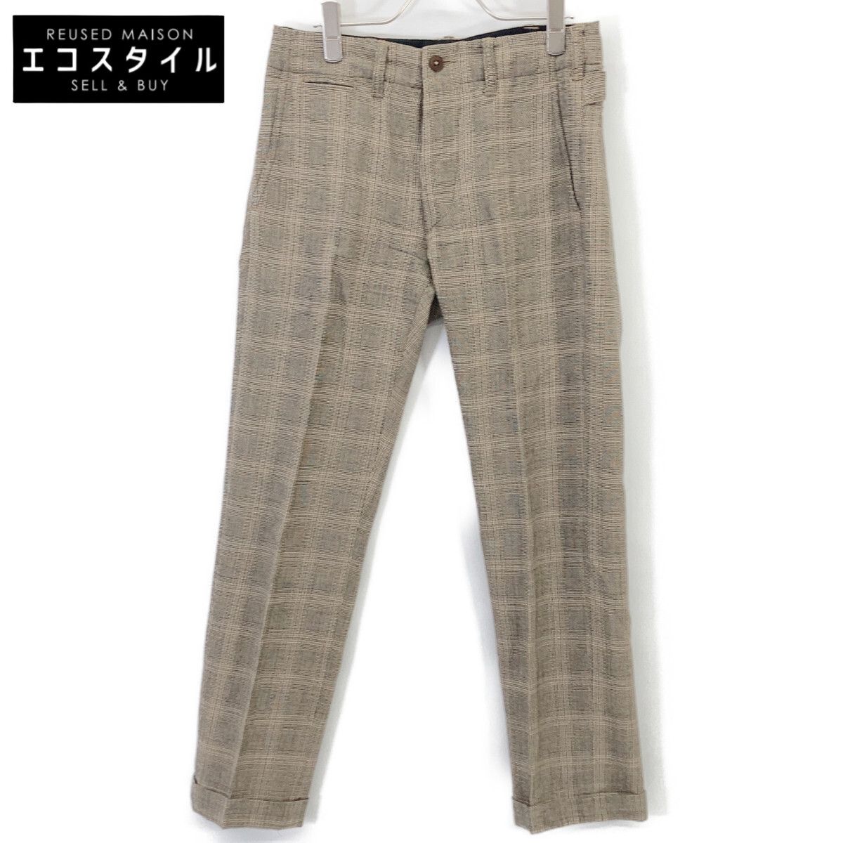 RRL ダブルアールエル 782959750001 グレージュ ウール グレンチェック ボタンフライ センタープレス テーパードスラックス 28×30