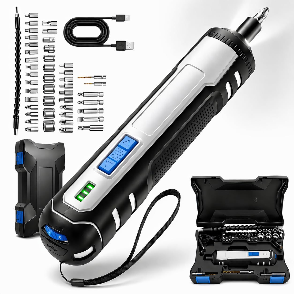 ☆新品☆電動ドライバー 充電式 小型 強力 トルク6段階調整【プロ仕様のパワーと精度】正逆転切り替え 電動5N.m 手動15N.m 45本ビット付属 収納ケース付き 高輝度LEDライト USB-C充電式 軽量 操作簡単 合金製 ビット 家庭用 530dfe2b