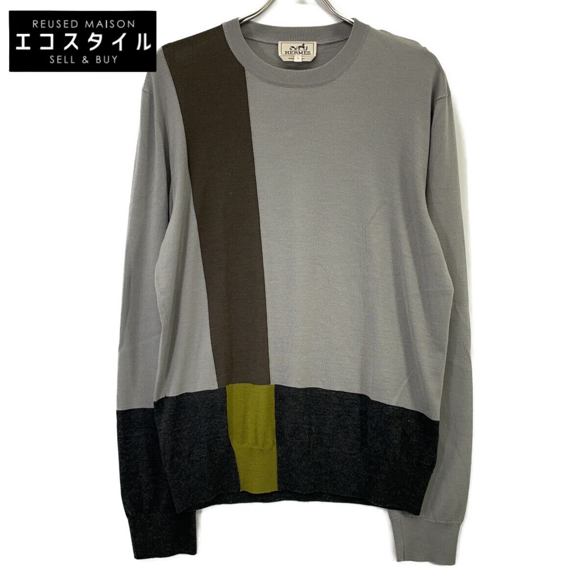 HERMES　エルメス　グレー H467035HA カシミヤシルク クルーネックニット　L