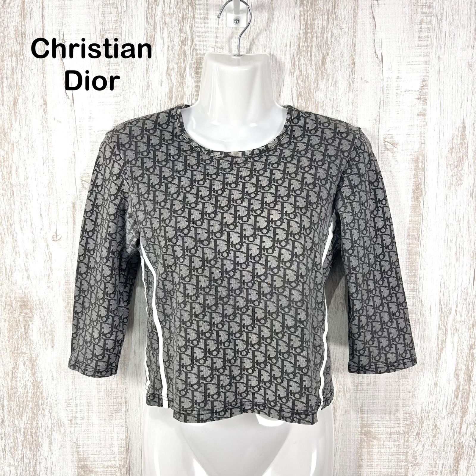 00s Christian Dior クリスチャンディオール ガリアーノ期 トロッター ロゴ総柄 七分袖 クロップドカットソー グレー レディース トップス y2k 平成ギャル