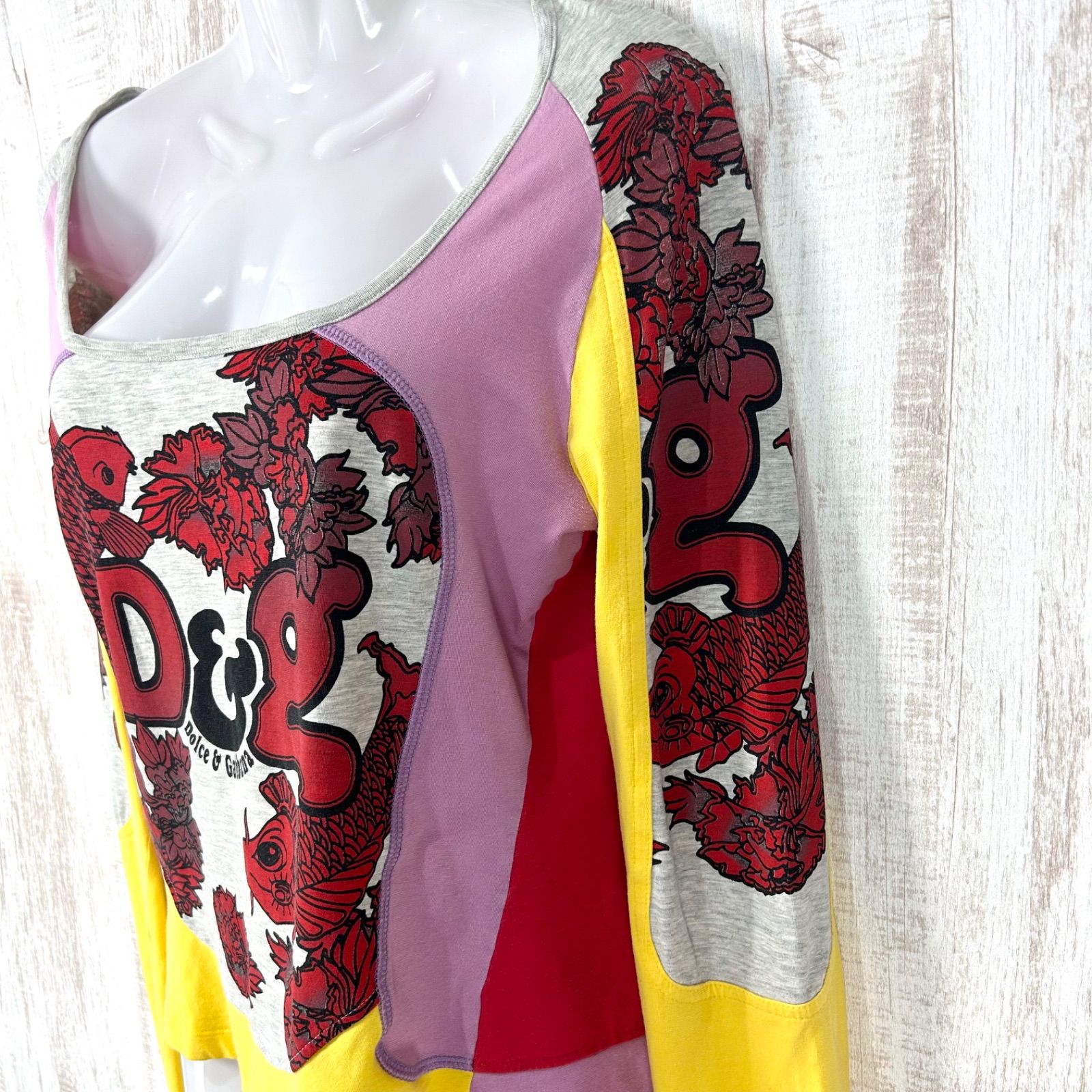 00s D&G DOLCE&GABBANA ドルチェアンドガッバーナ 鯉 マルチカラー ロンT イエロー y2k｜長袖
