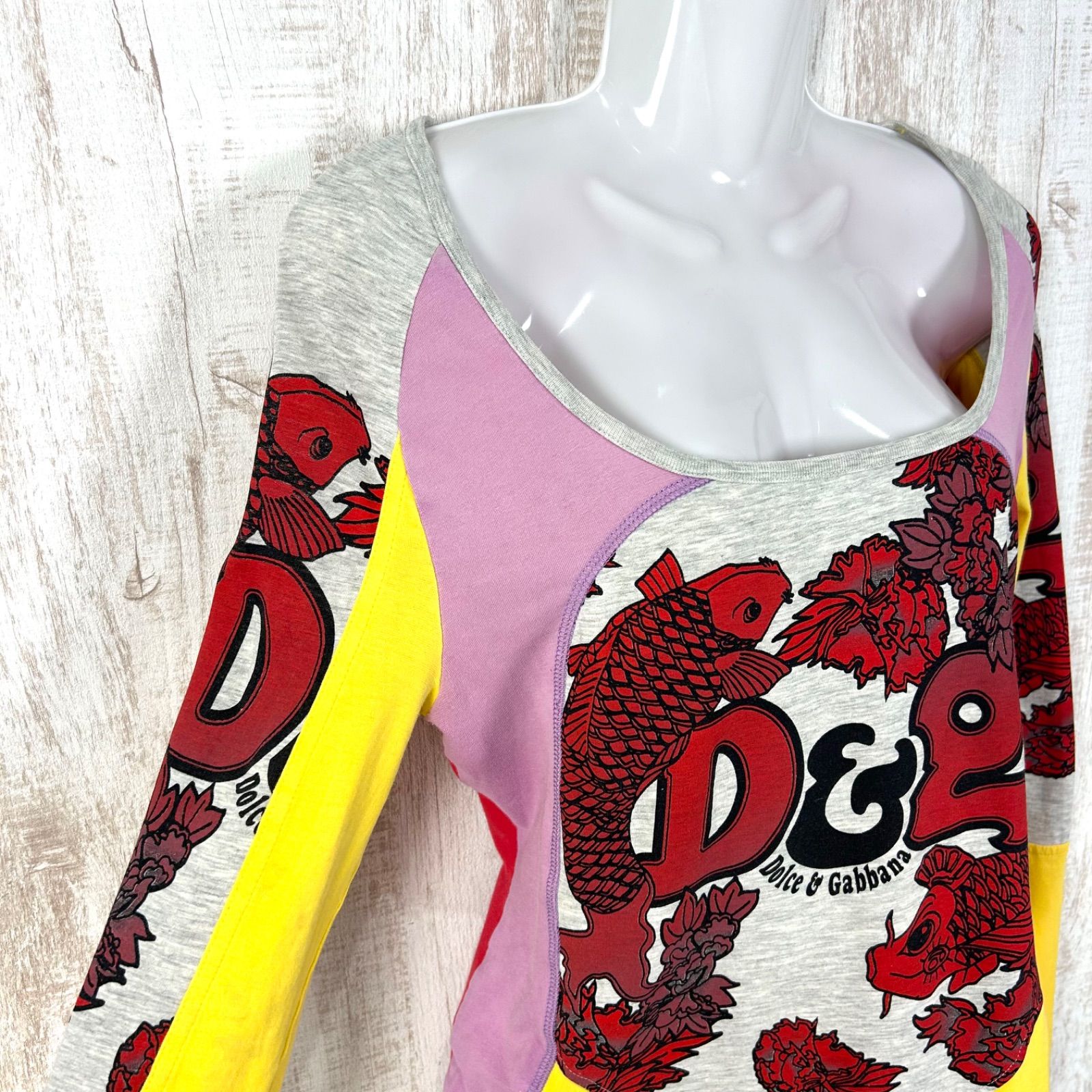 00s D&G DOLCE&GABBANA ドルチェアンドガッバーナ 鯉 マルチカラー ロンT イエロー y2k｜長袖