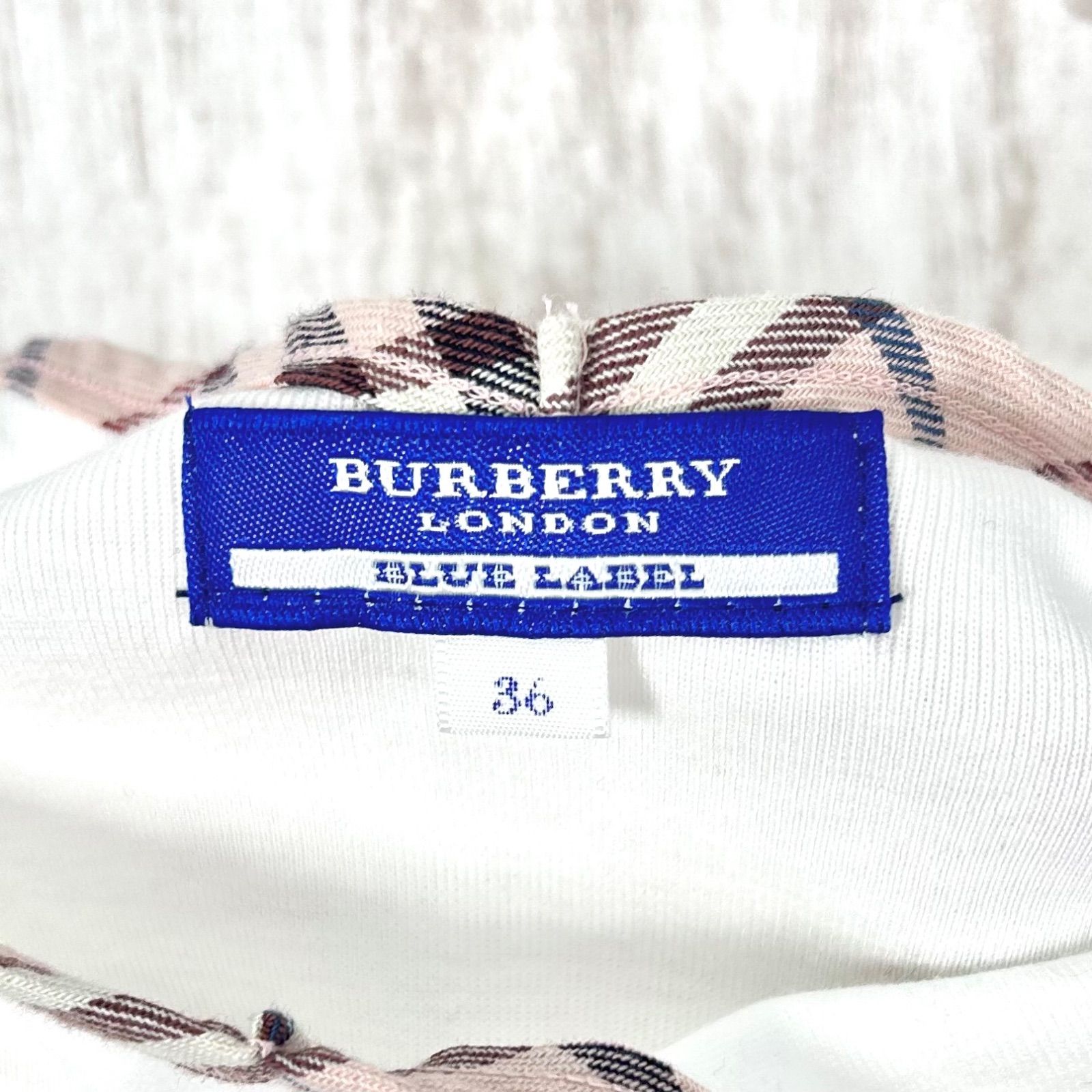 cW100 BURBERRY BLUE LABEL 総柄 ノバチェック 変形 キャミソール 紐リボン カットソー ノースリーブ オフショルダー ベージュ ホース刺繍 Y2K 平成 ギャル バーバリーブルーレーベル BURBERRY LONDON BLUE LABEL】ノバチェック キャミソール リボン