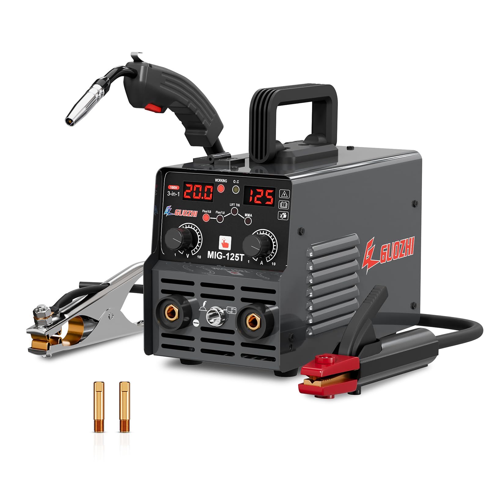 GZ GUOZHI 溶接機 100v 半自動 125A アーク溶接 ノンガスワイヤー溶接 tig溶接 1台3役 インバーター直流 半自動溶接機 定格使用率60% 小型 軽量 家庭用 初心者向け 電気溶接機 MIG-125Tso