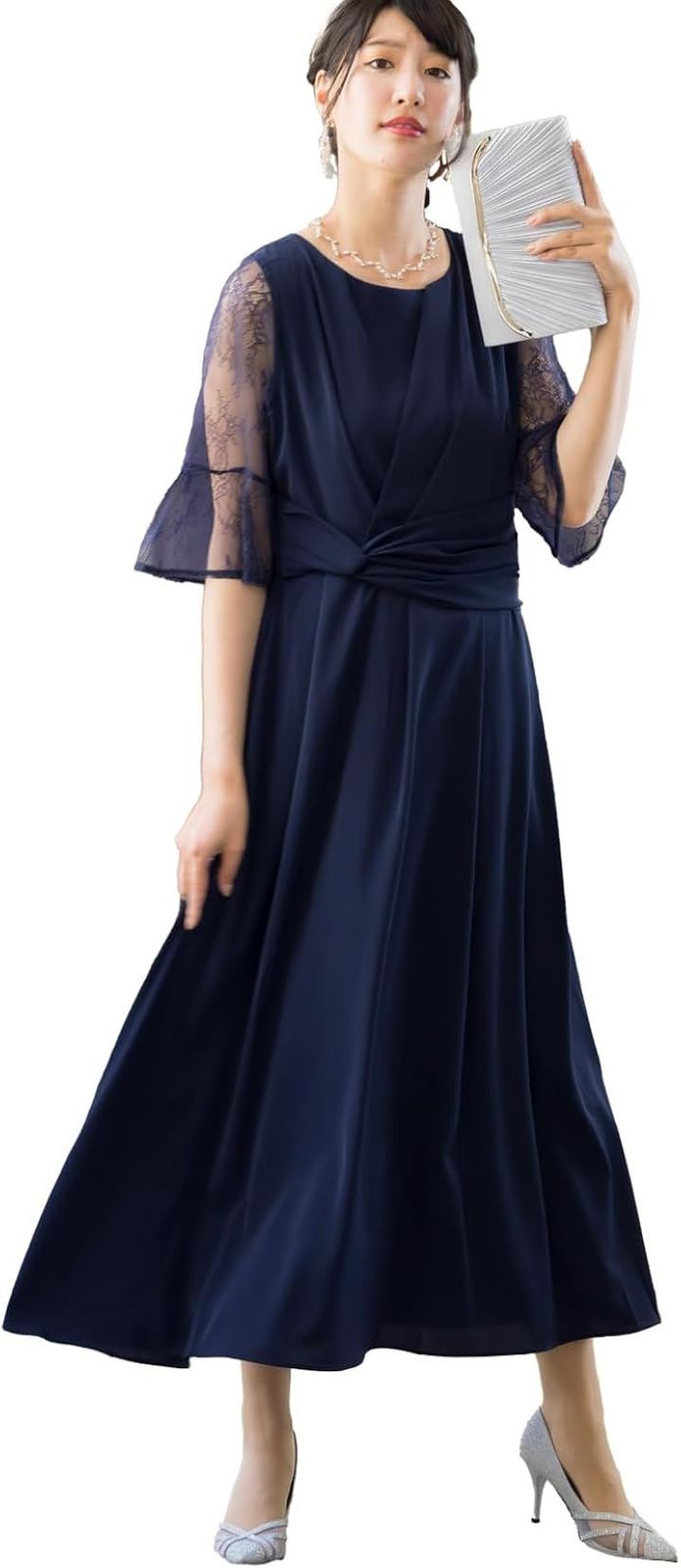 AUNI(アウニイ) パーティ ワンピース ドレス レディース ウエスト モチーフ ベルト 結婚式およばれワンピース パーティードレス (ネイビー / 77000034, LL)