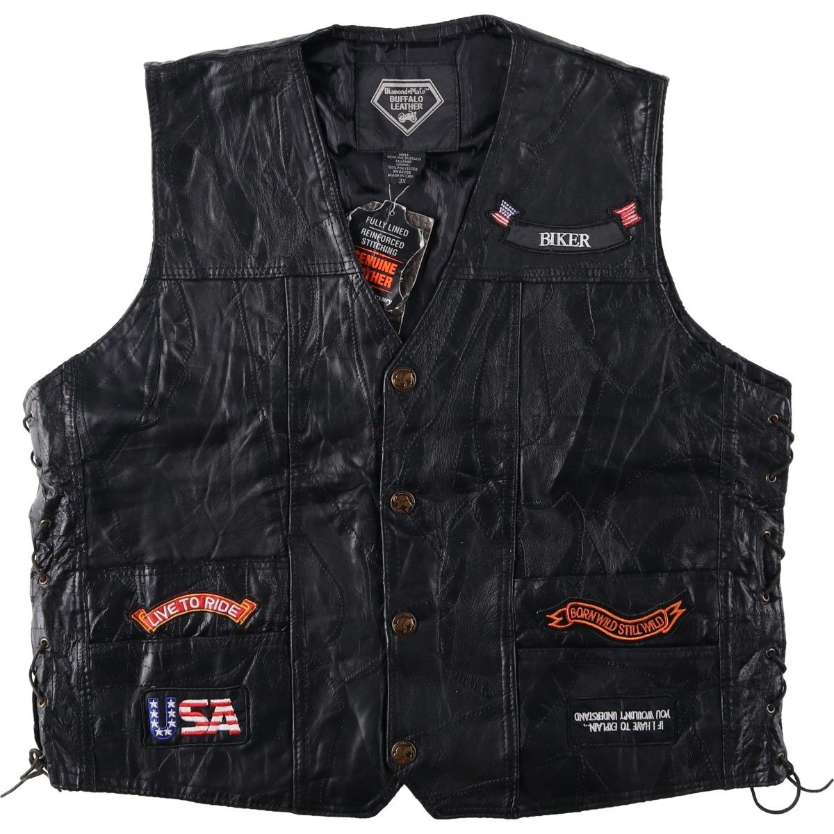 DEAD STOCK デッドストック ビッグサイズ DIAMOND PLATE BUFFALO LEATHER 星条旗柄 鷲柄 イーグル柄 レースアップ レザーベスト/eaa629241