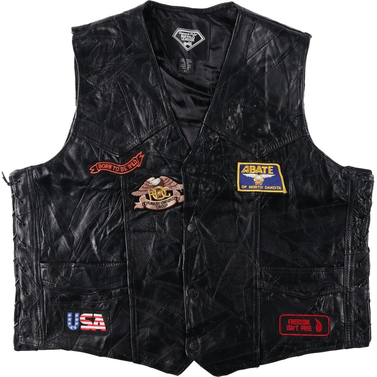 古着 ビッグサイズ DIAMOND PLATE BUFFALO LEATHER 星条旗柄 鷲柄 イーグル柄 レースアップ レザーベスト メンズXXXXL相当/eaa629244