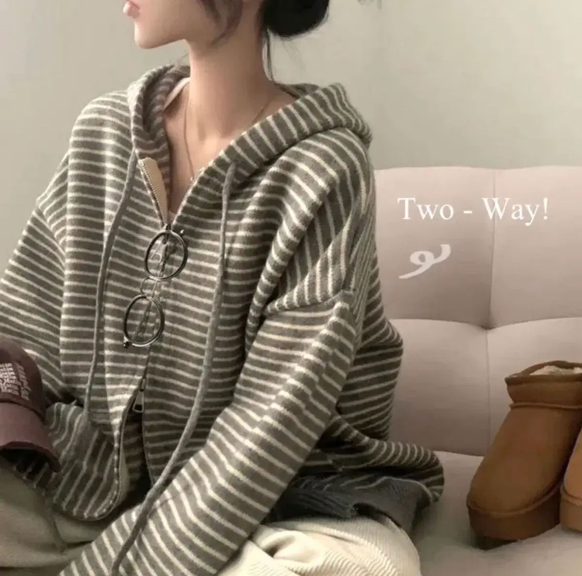 シュガパウダー Made ビンブル ルーズフィット ストライプ フードニット ジップアップ