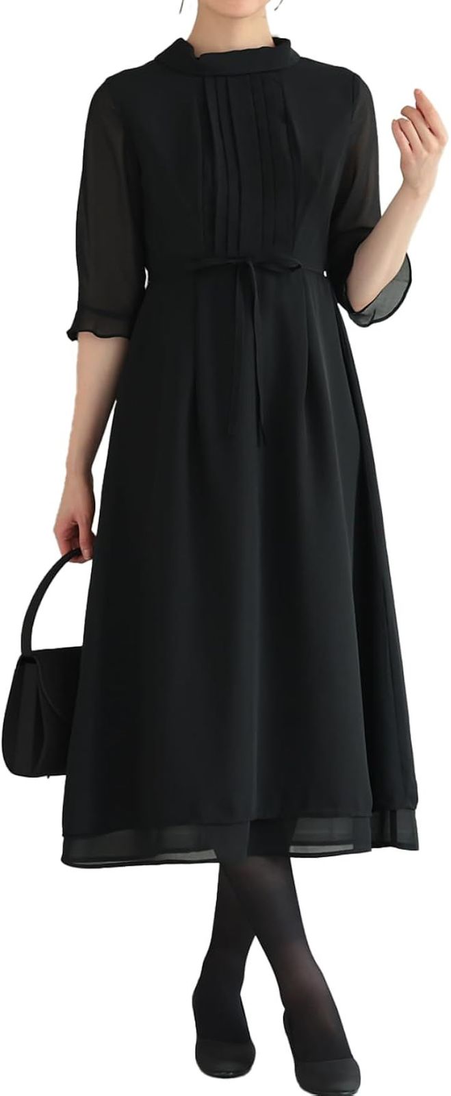 MORE AUNI ブラックフォーマル レディース ワンピース ドレス 五分袖 喪服 スカート 礼服 冠婚葬祭 (ブラック / 322188, XL)