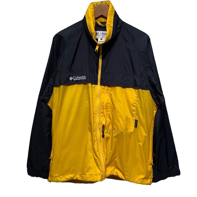 【中古】　Columbia　ナイロンジャンパー　アウター　ハイネック　フルジップ　バイカラー　切替　無地　ワンポイント　ブランドロゴ　刺しゅう　ドローコード　アウトドア　古着　/1151