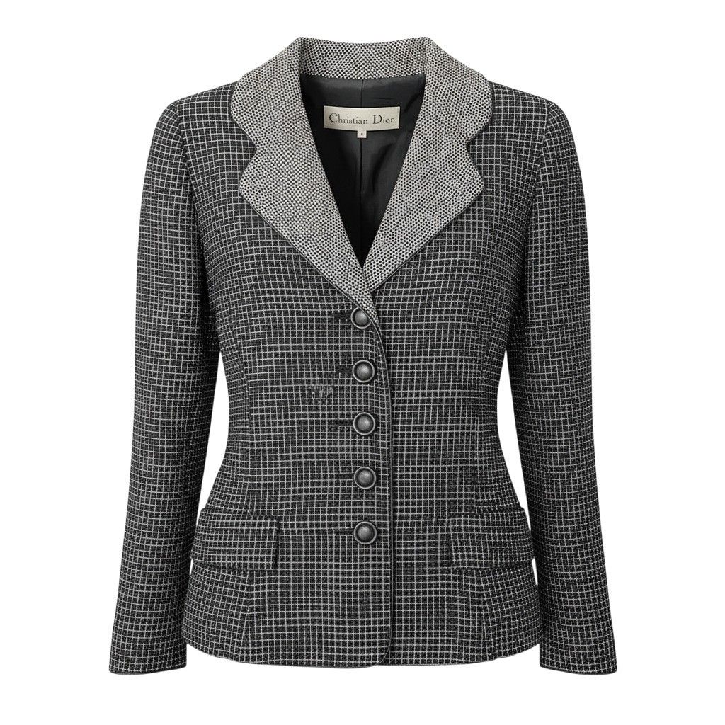 62e12 Christian Dior クリスチャンディオール テーラードジャケット レザーパイピング チェック柄 総柄 サイズ9 ブラック ホワイト レディース 女性用o07t