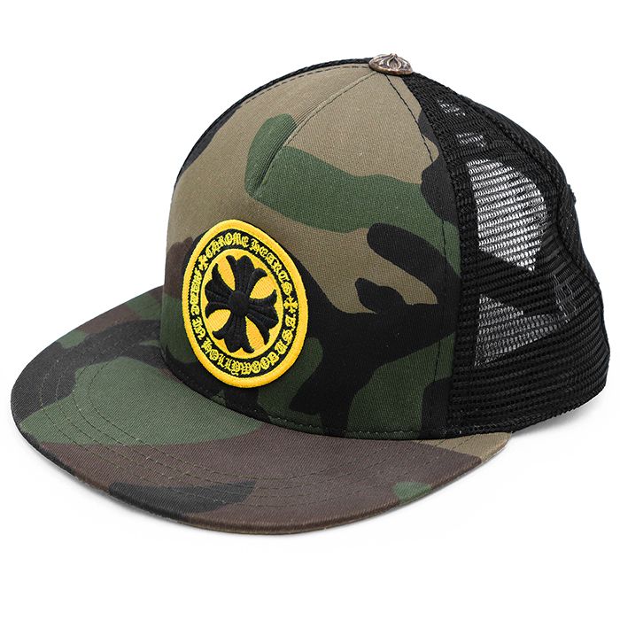 【美品】CHROME HEARTS クロムハーツ トラッカーキャップ メンズ レディース ユニセックス クロスワッペン CHプラス 迷彩柄 カモフラージュ ミリタリー フラットバイザー 帽子 小物 インボイス付属 カーキ アメリカ製