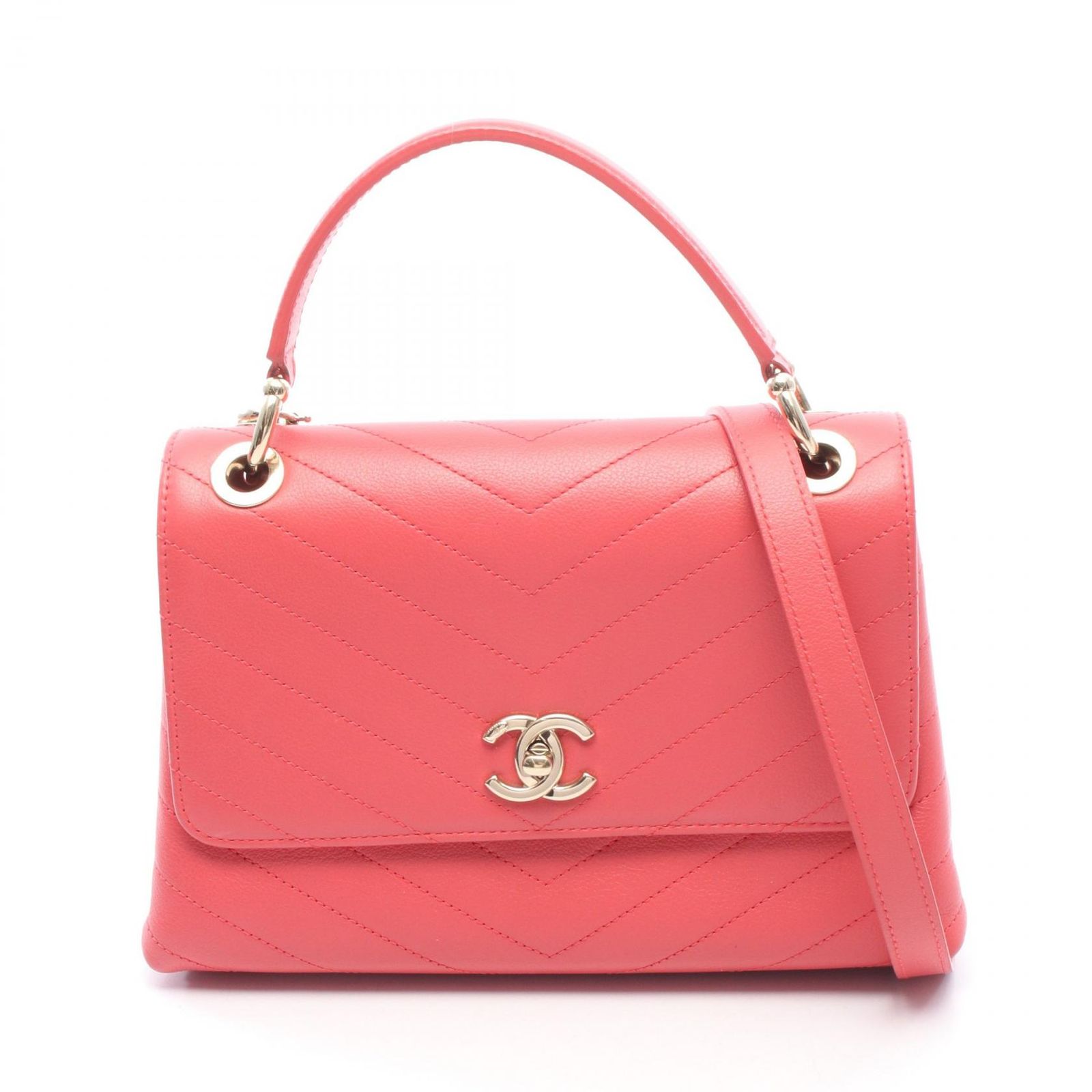 シャネル CHANEL ハンドバッグ シェブロン Vステッチ 2WAY A57147 ピンク レザー Vステッチ トップハンドル フラップバッグ レディース Used A