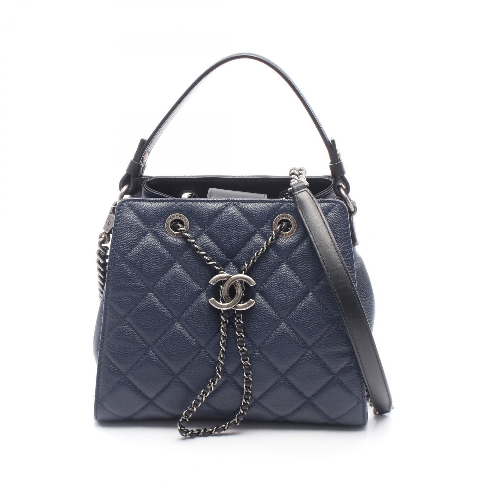 シャネル CHANEL ハンドバッグ CCバケット マトラッセ 2WAY ネイビー キャビアスキン(グレインドカーフ) レザー マトラッセ バケットバッグ レディース Used B