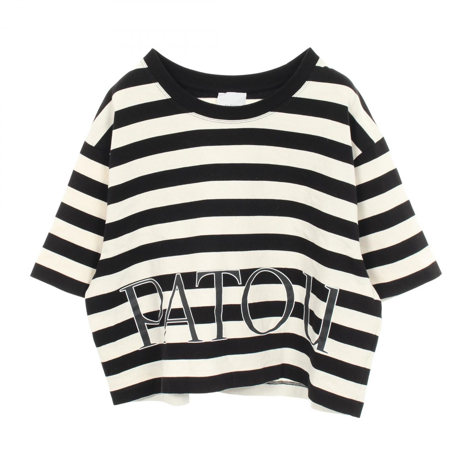 パトゥ PATOU 半袖Tシャツ ロゴプリント ボーダー クルーネック クロップド丈 ブラック コットン Tシャツ レディース Used A