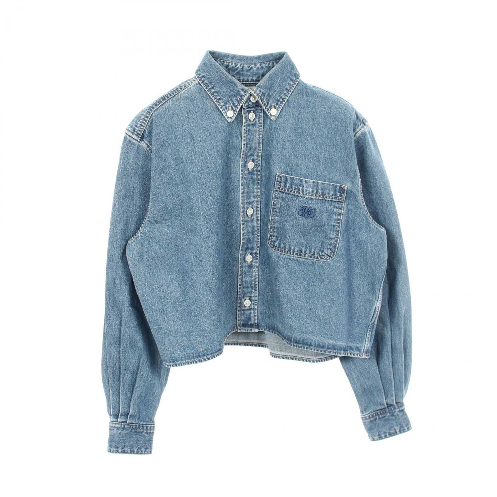 セリーヌ CELINE ユニオンオーシャンウォッシュ クロップド ブルー コットン デニムシャツ レディース Used A