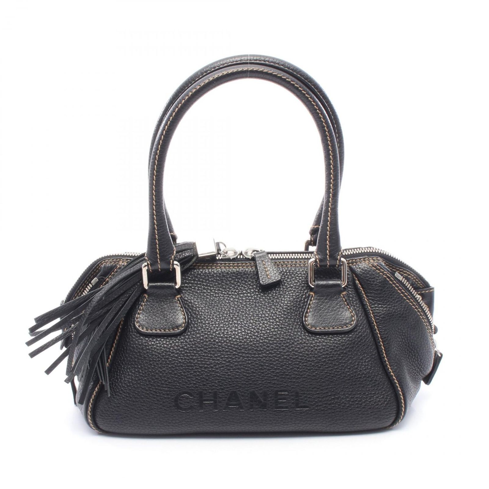 シャネル CHANEL ハンドバッグ 型押しロゴ タッセル 23051 ブラック レザー ロゴ フリンジ ハンド レディース Used B