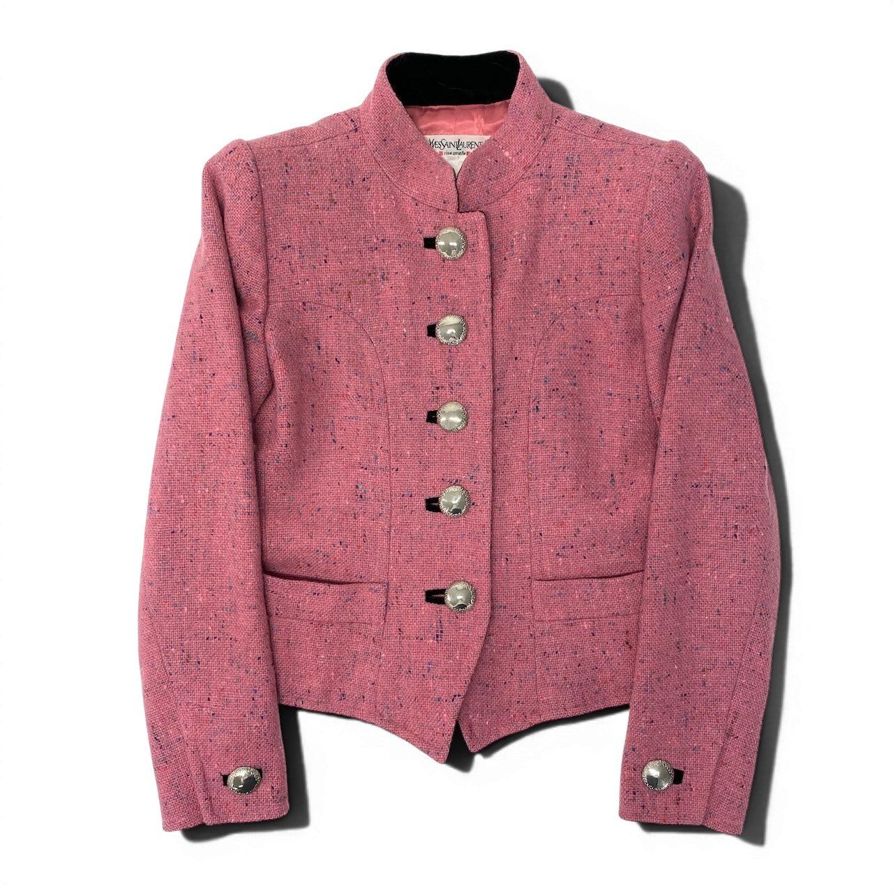 56e12 Yves Saint Laurent イヴサンローラン vintage ツイードジャケット スタンドカラージャケット サイズ34 フランス製 ピンク ウール100％ レディース 女性用u02t