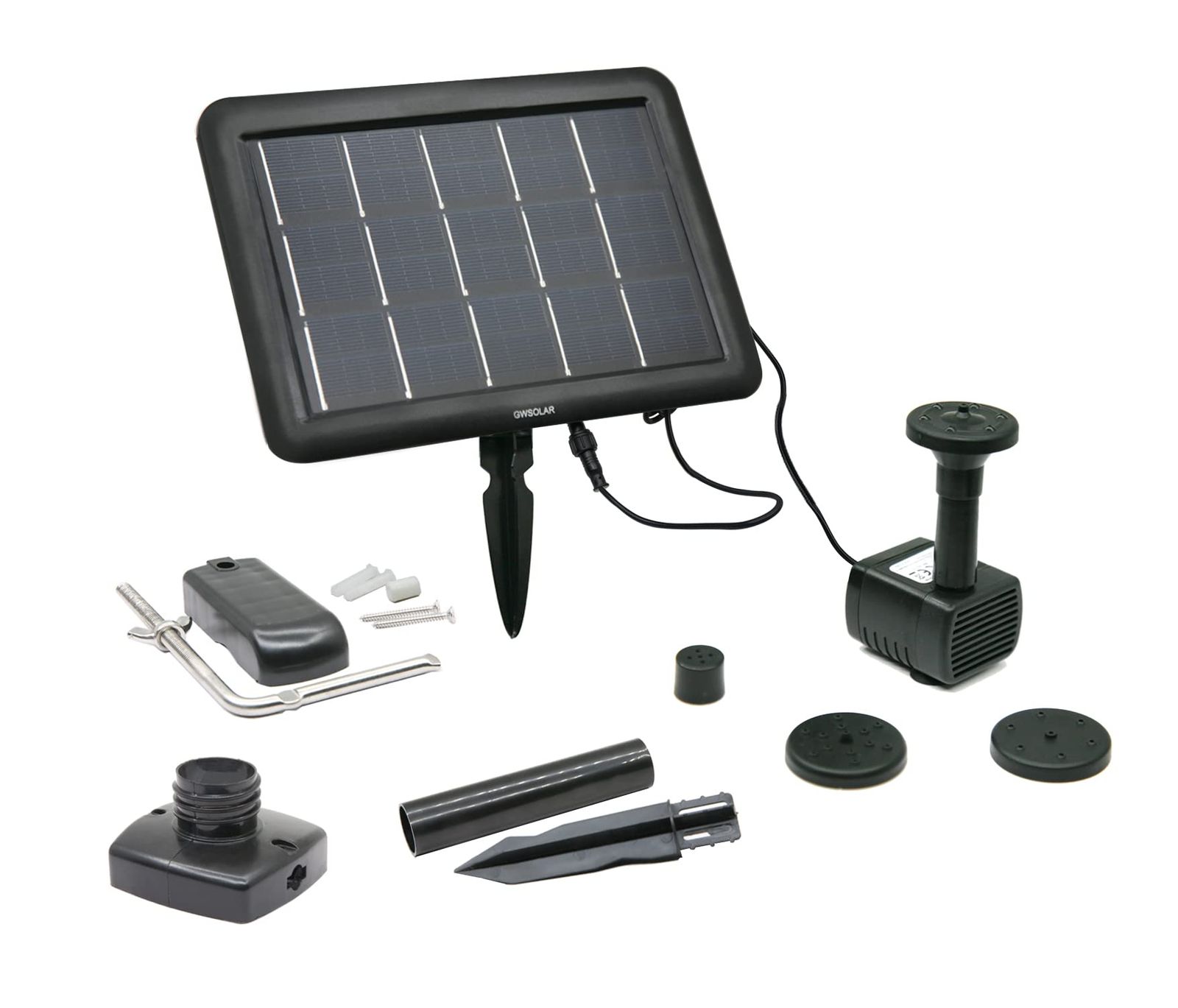 曇天に強い! GWSOLAR ハイブリット ソーラーポンプ 小池、お庭噴水用【 2.8W太陽光パネル、6V/4.5Ah ニッケル水素内蔵蓄電池】フル充電で蓄電池のみ約4.8時間運転、接続ケーブル 3m / ブラシレスポンプ、最大流量 180L 9c06672d