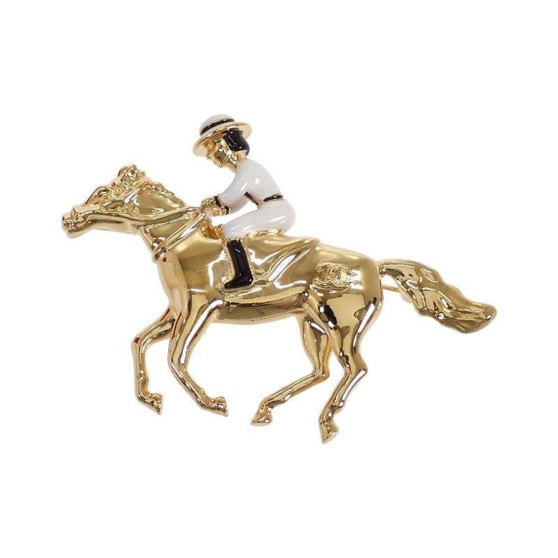 シャネル CHANEL ココマーク ホース＆ジョッキー 馬モチーフ G26C ブローチ メタル ゴールド ホワイト レディース 箱付き【中古】【Aランク】