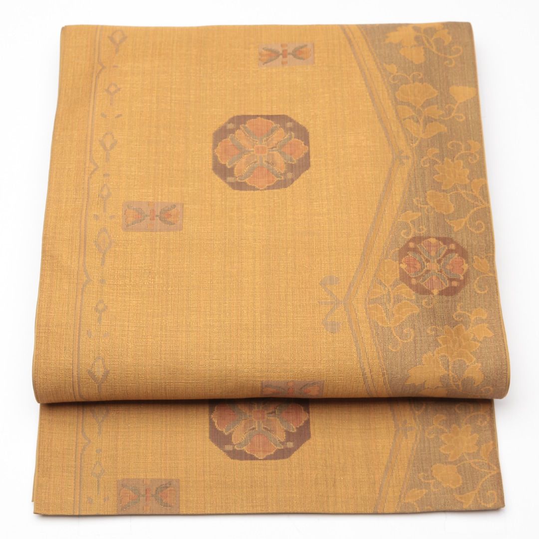 特価！袋帯 帯丈428cm 正絹 六通 染め帯 カジュアル 唐草華文 黄系 1243-01252